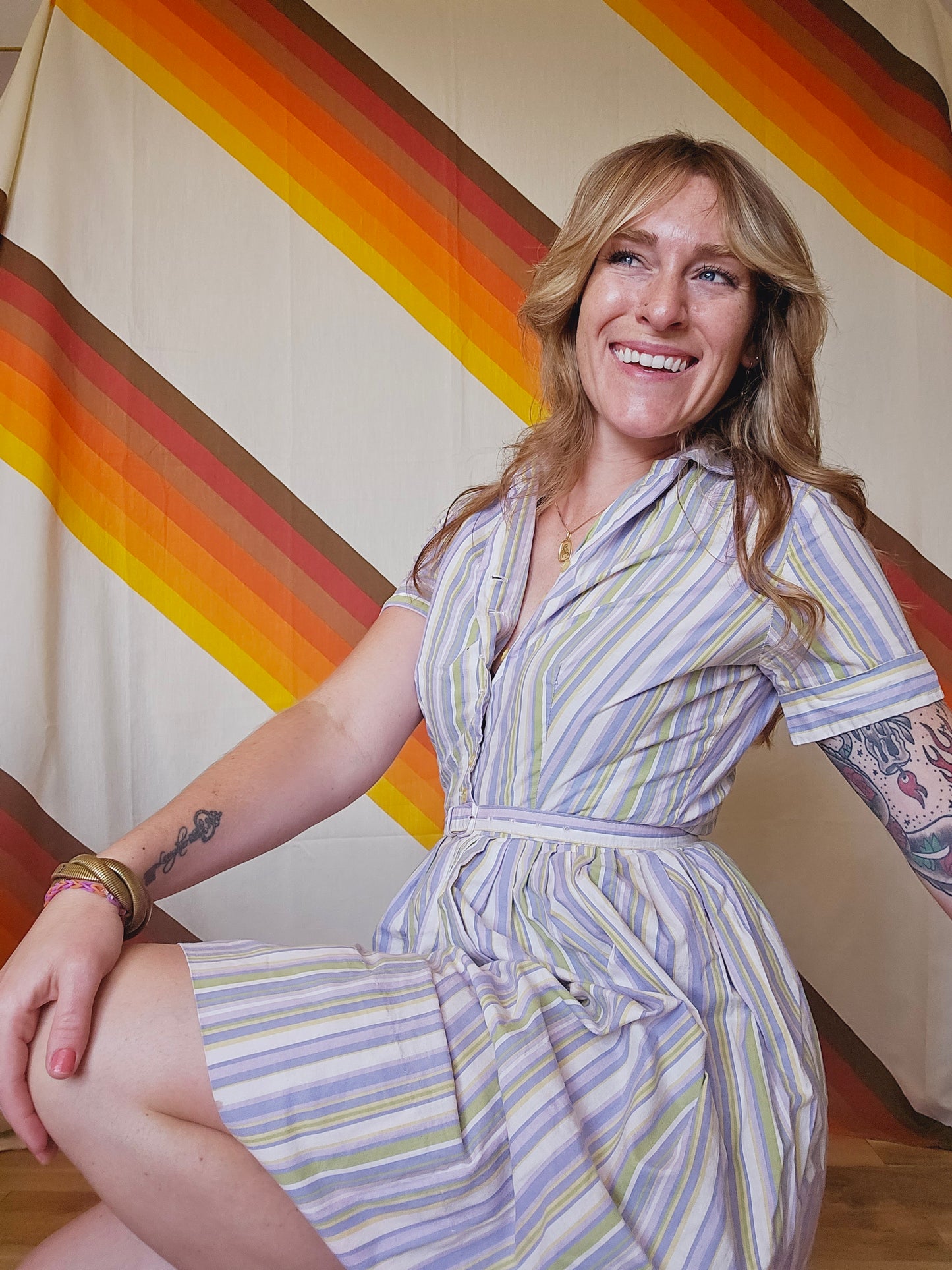 60s/70s Pinstripe Belted Dress