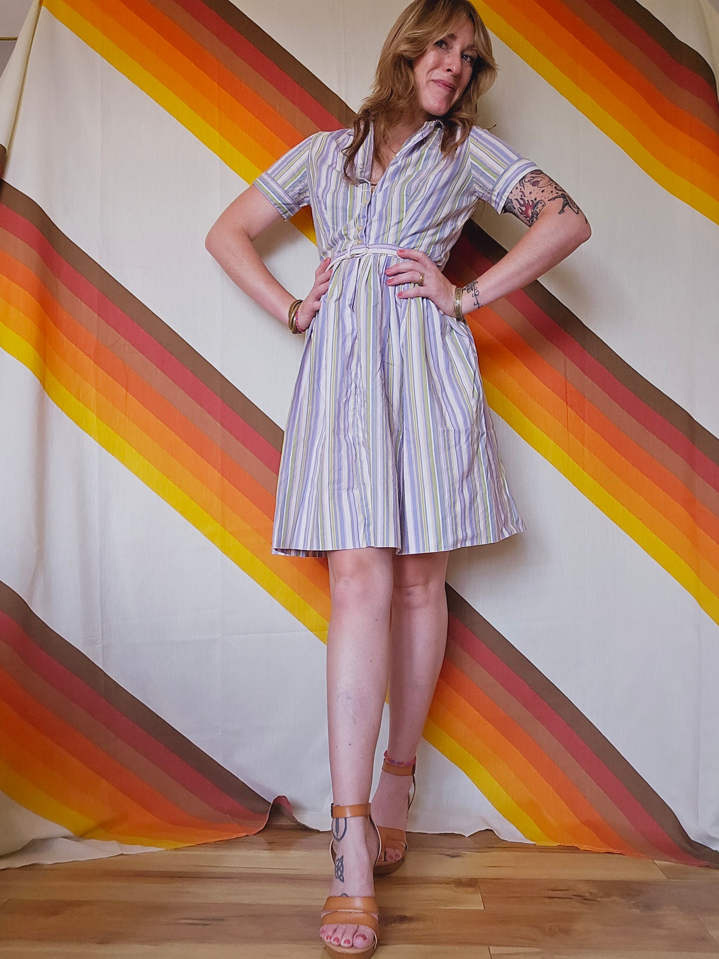60s/70s Pinstripe Belted Dress