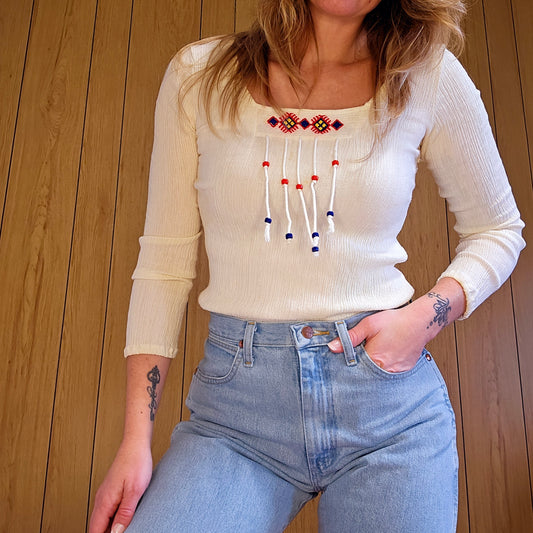 60s Embroidered & Beaded Top from Greece (S)