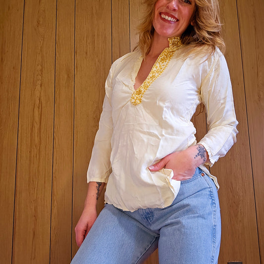 60s Golden Embroidered Linen Top from Israel (S/M)