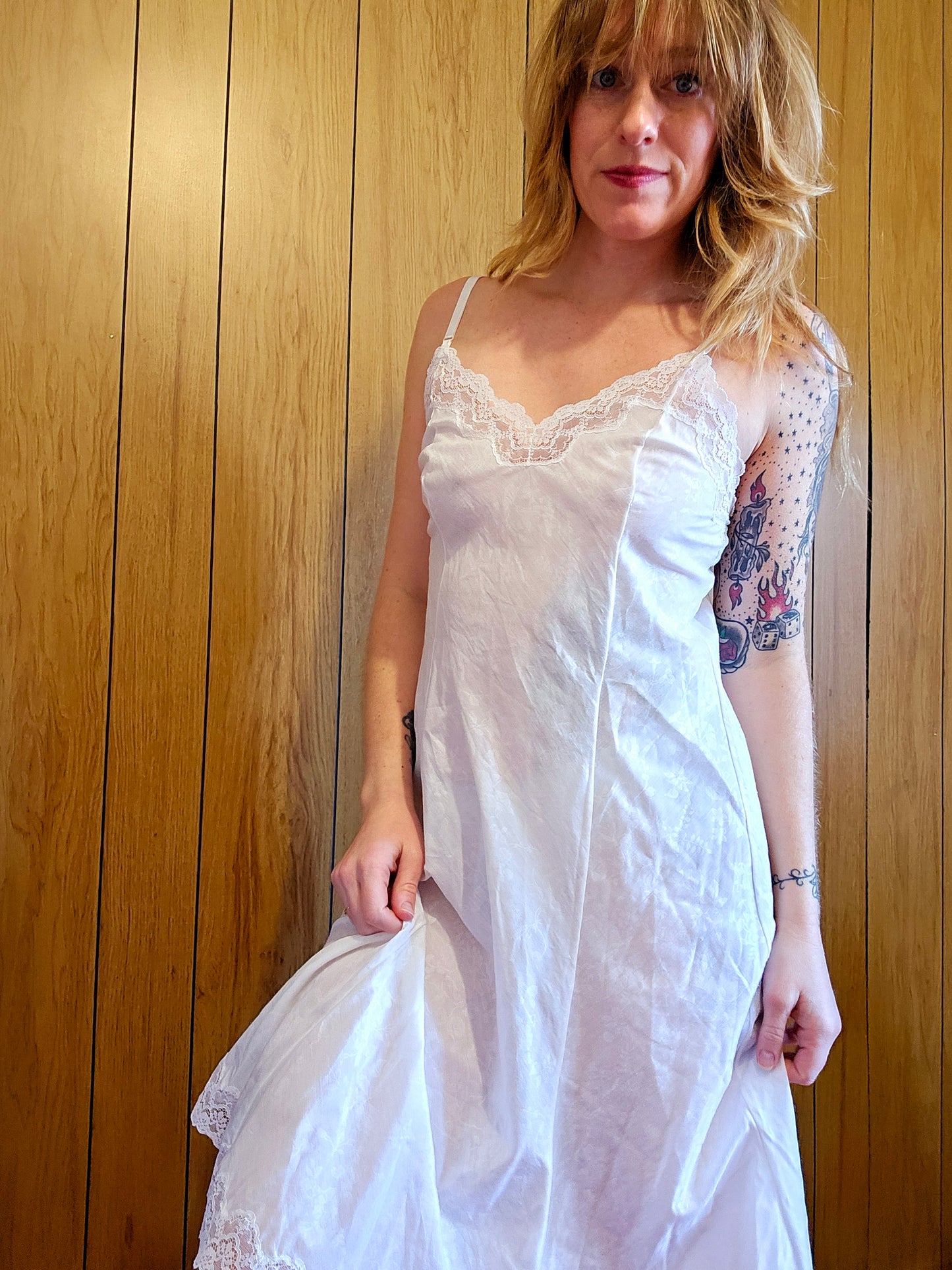60s White Floral Lacey Slip