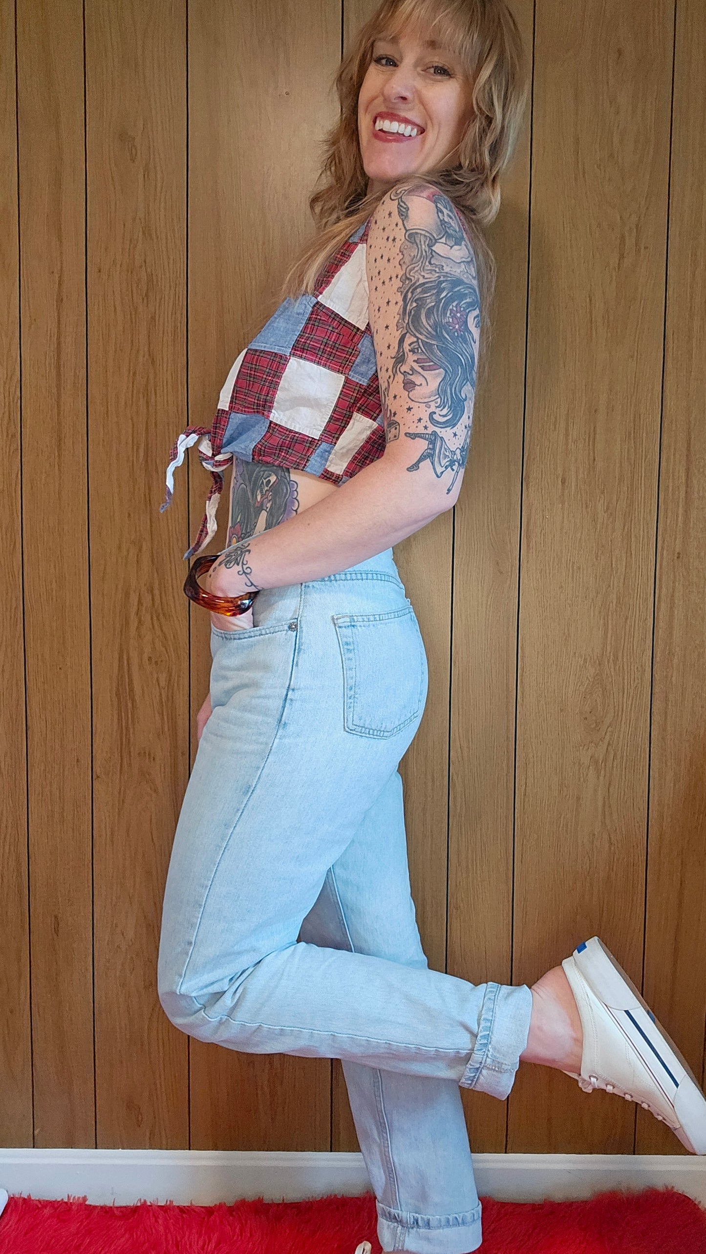 Y2K Red White Blue Tie Front Crop
