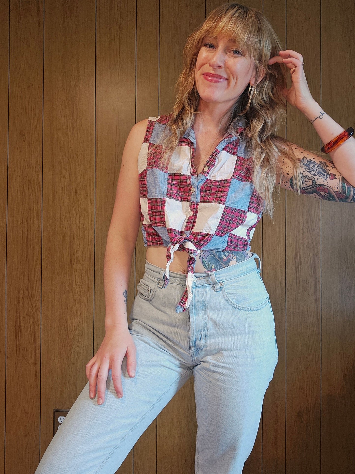 Y2K Red White Blue Tie Front Crop