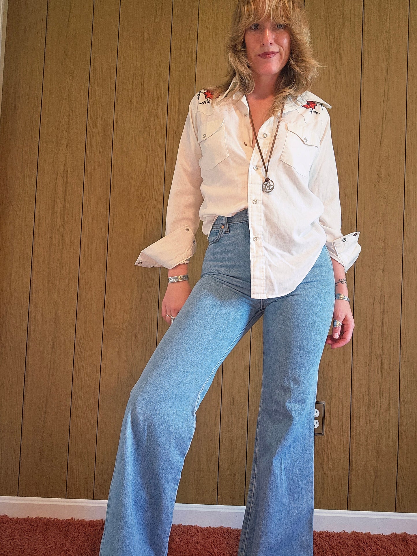 60s Floral Embroidered Snap Top (Femme L/Masc M)