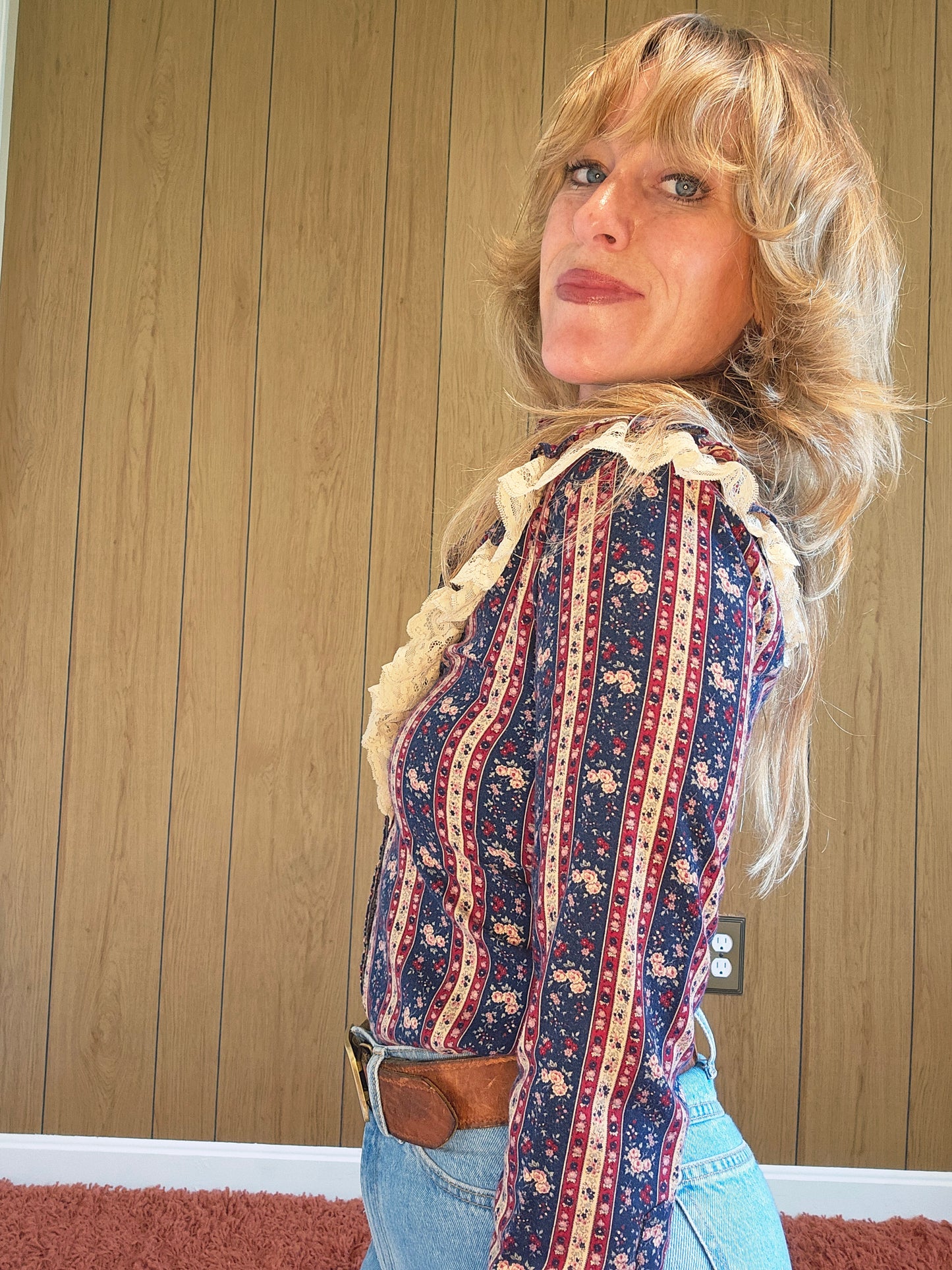 60s/70s Panhandle Slim Lace Trimmed Button Down (S)