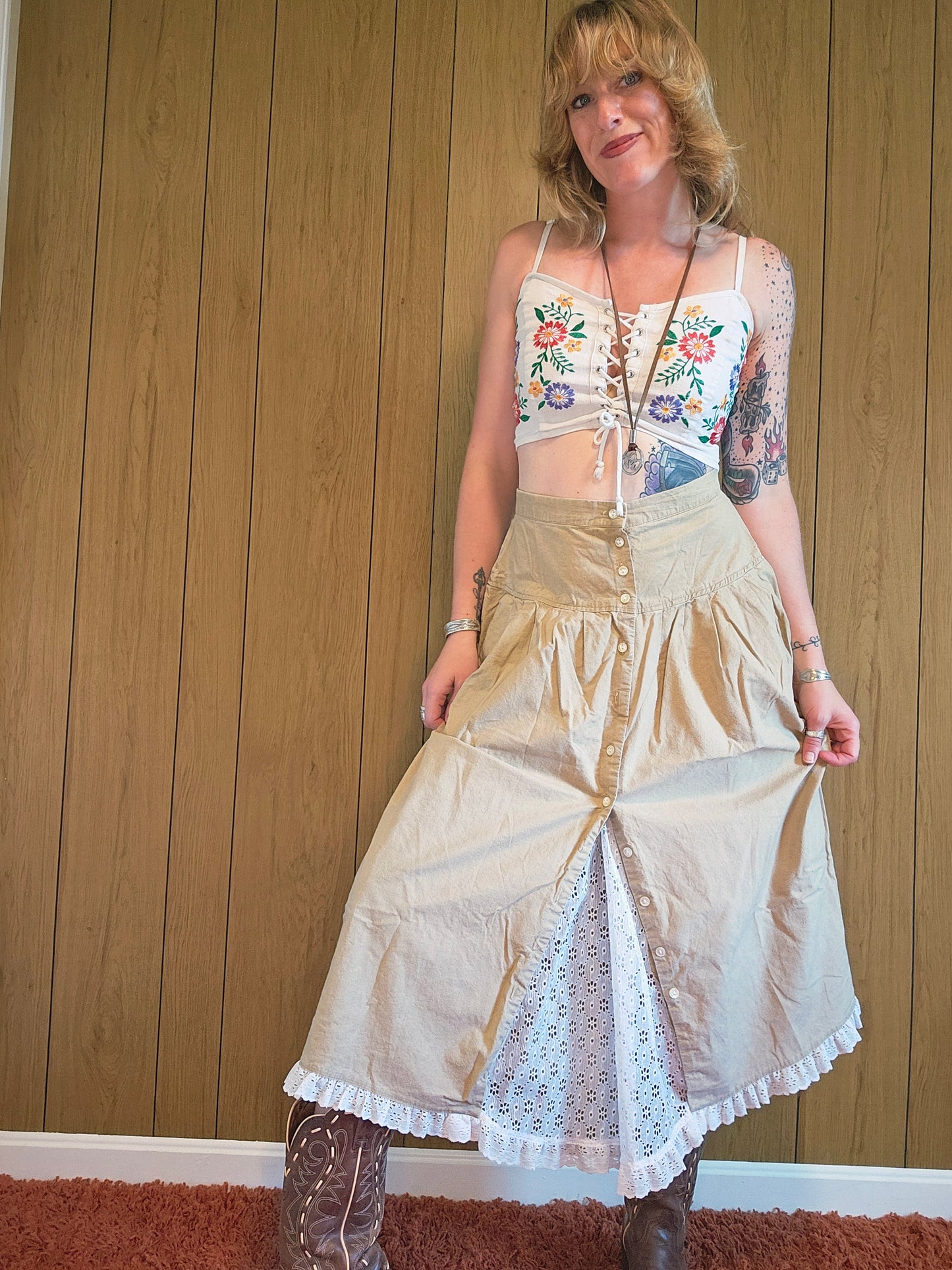 70s "Catch Me" Tan & Lace SKirt (S/M)