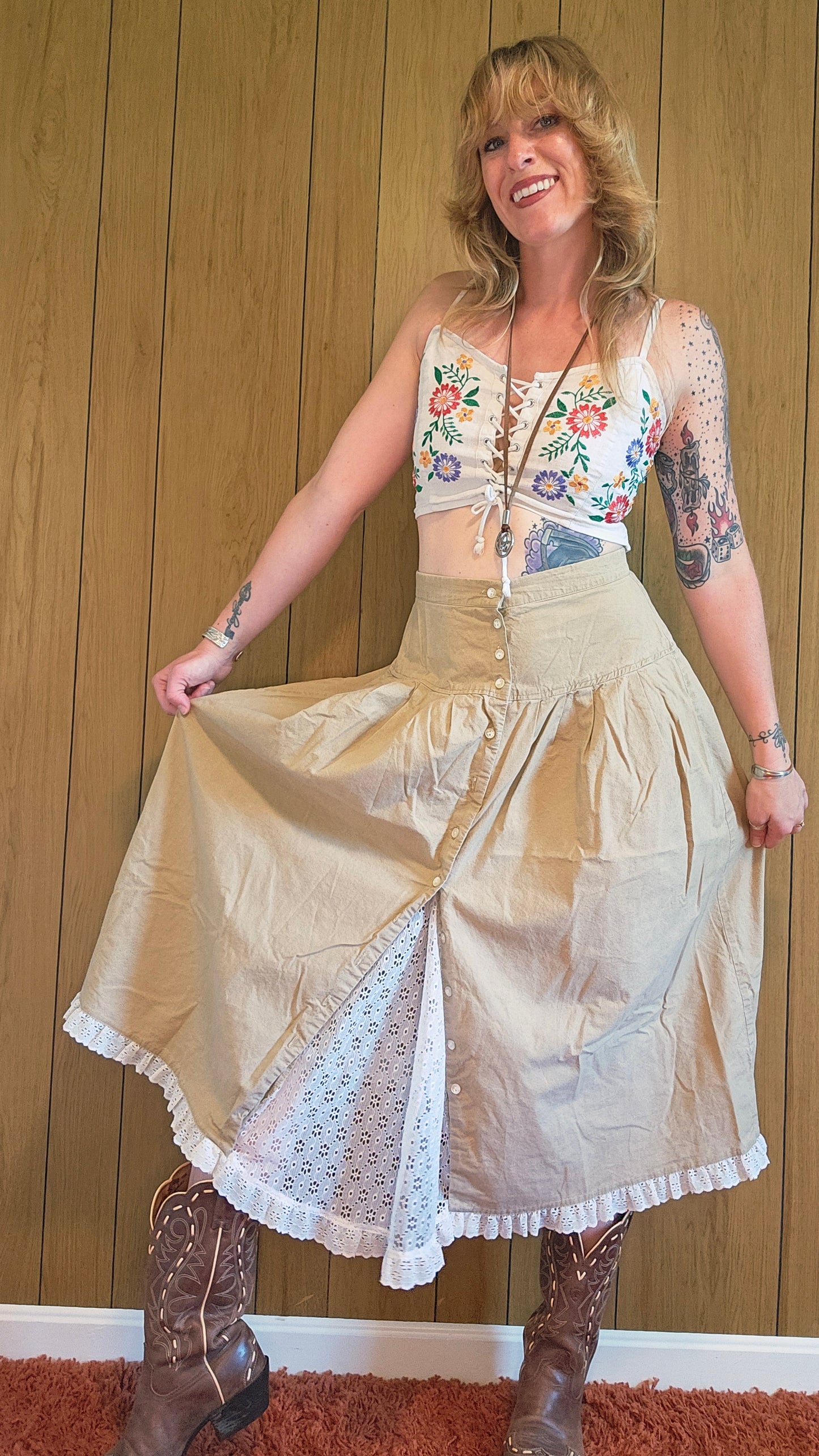 70s "Catch Me" Tan & Lace SKirt (S/M)