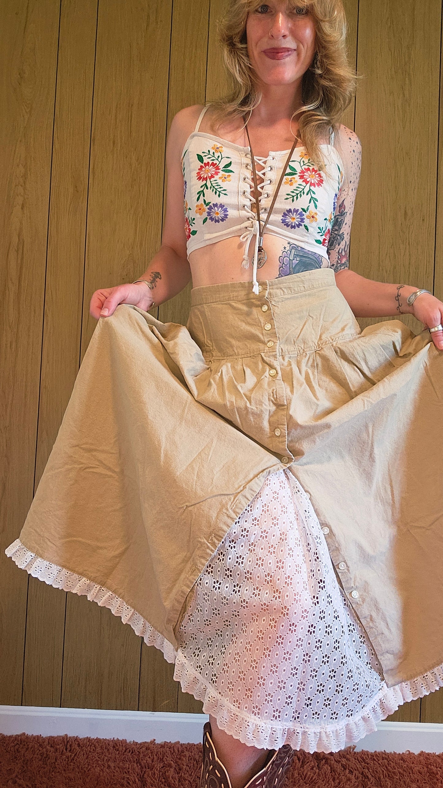 70s "Catch Me" Tan & Lace SKirt (S/M)