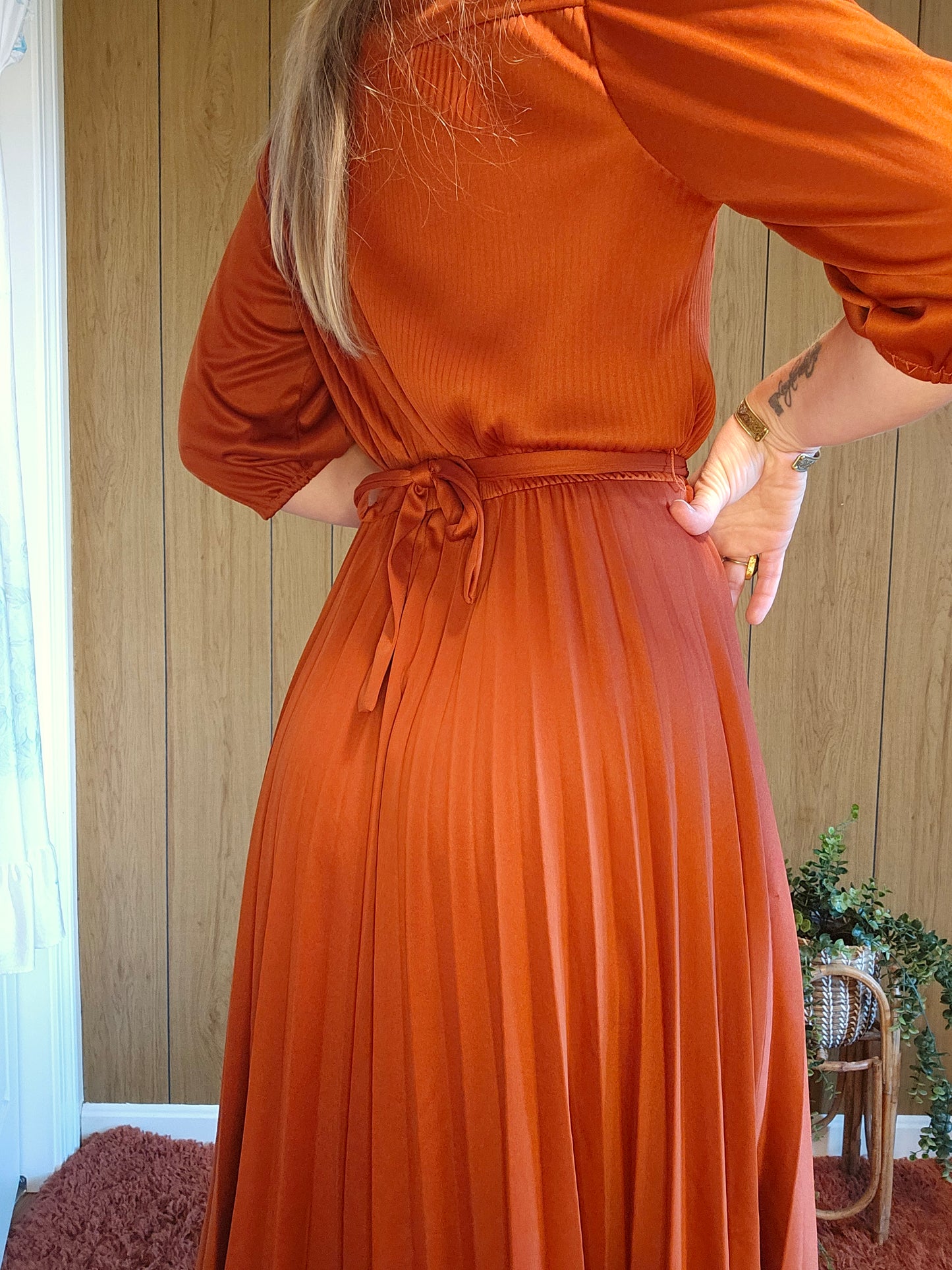 60s/70s Accordian Pleated Rust Colored Dress (S-L)