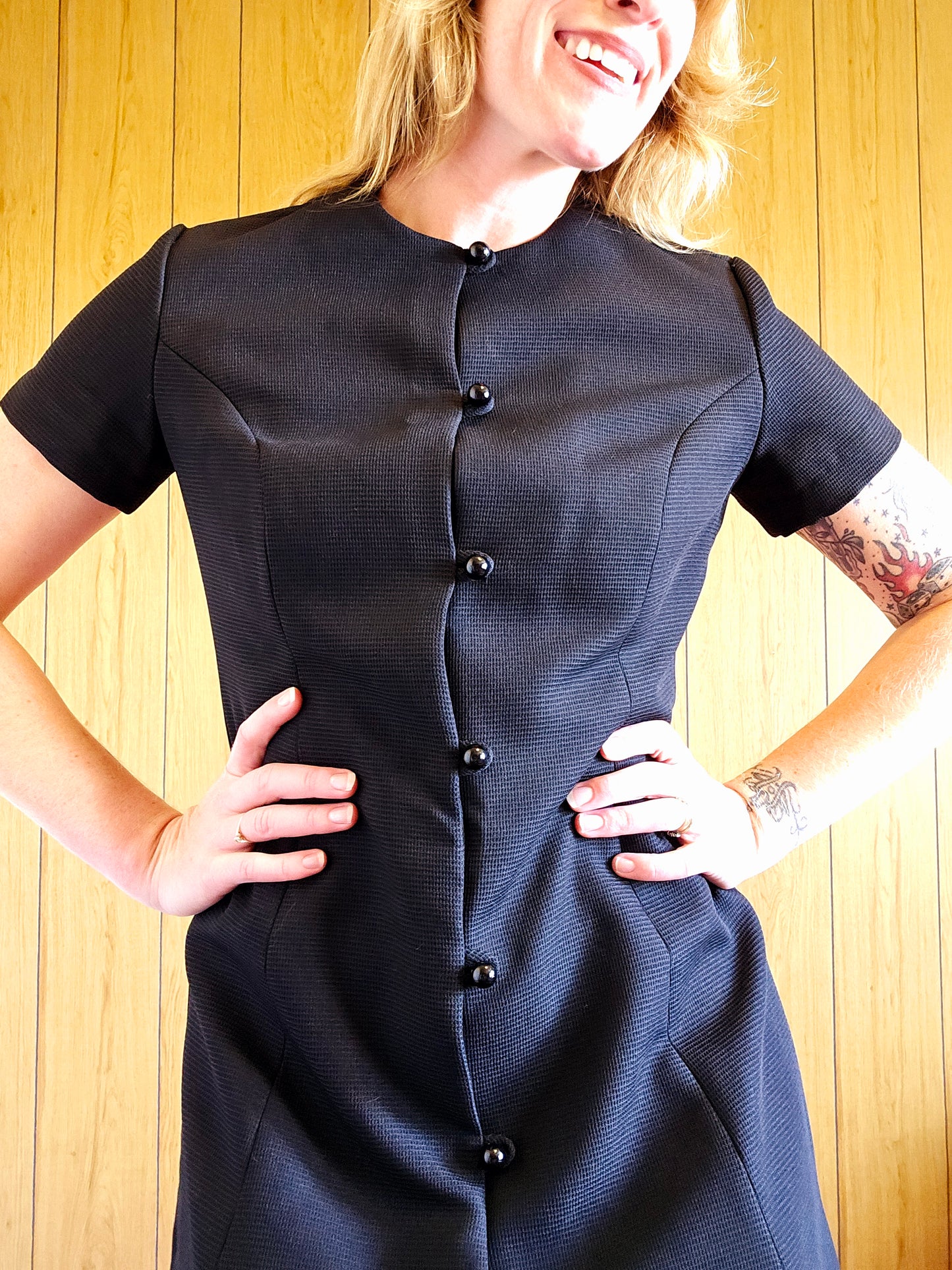 60s Black Full Button Dress (L)