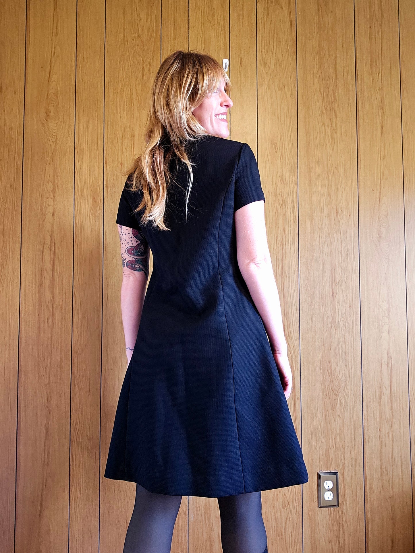 60s Black Full Button Dress (L)