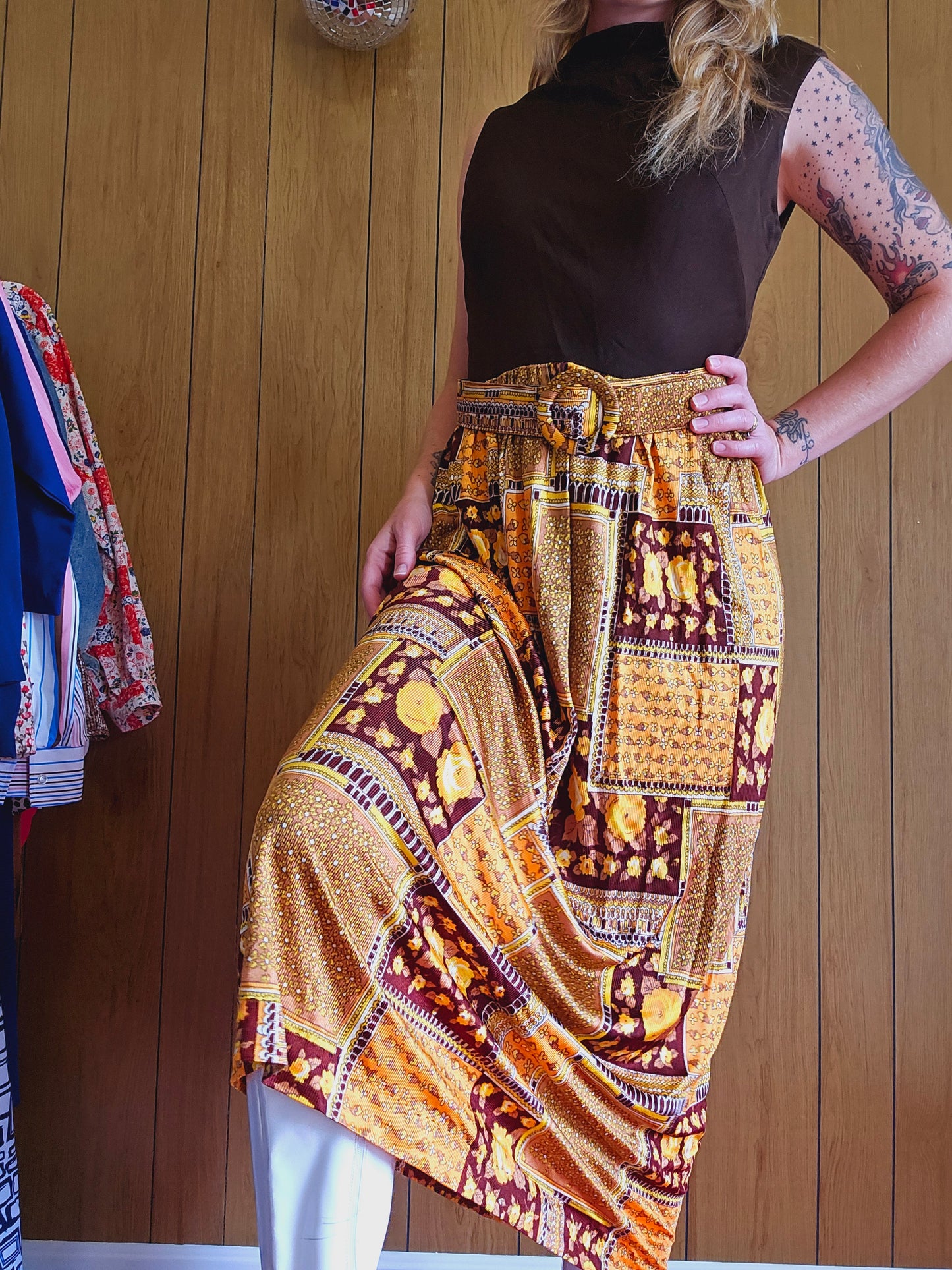 60s/70s Harvest Colorway Belted Dress (M)