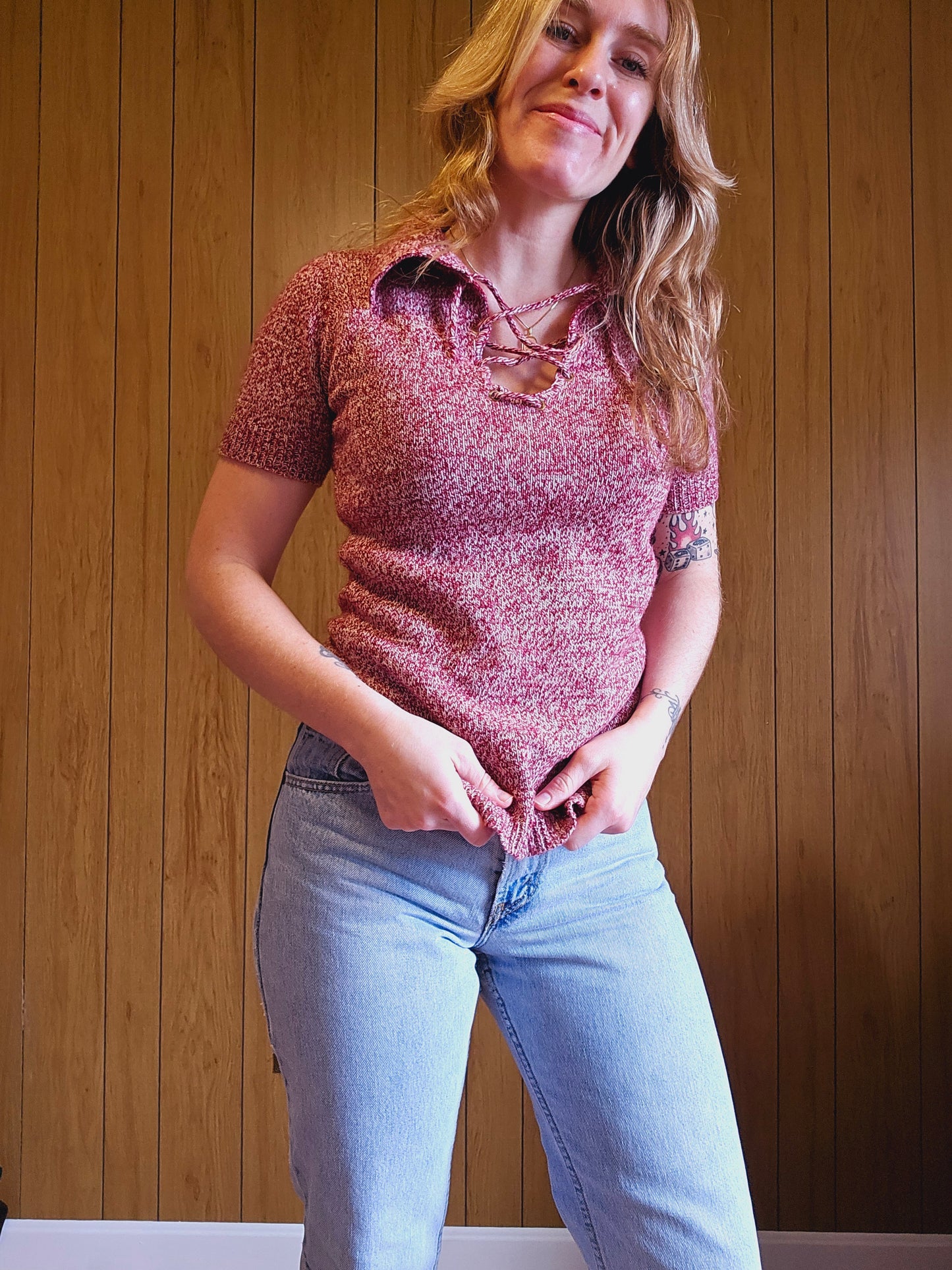 60s/70s Burgundy Lace Up Front Sweater Tee