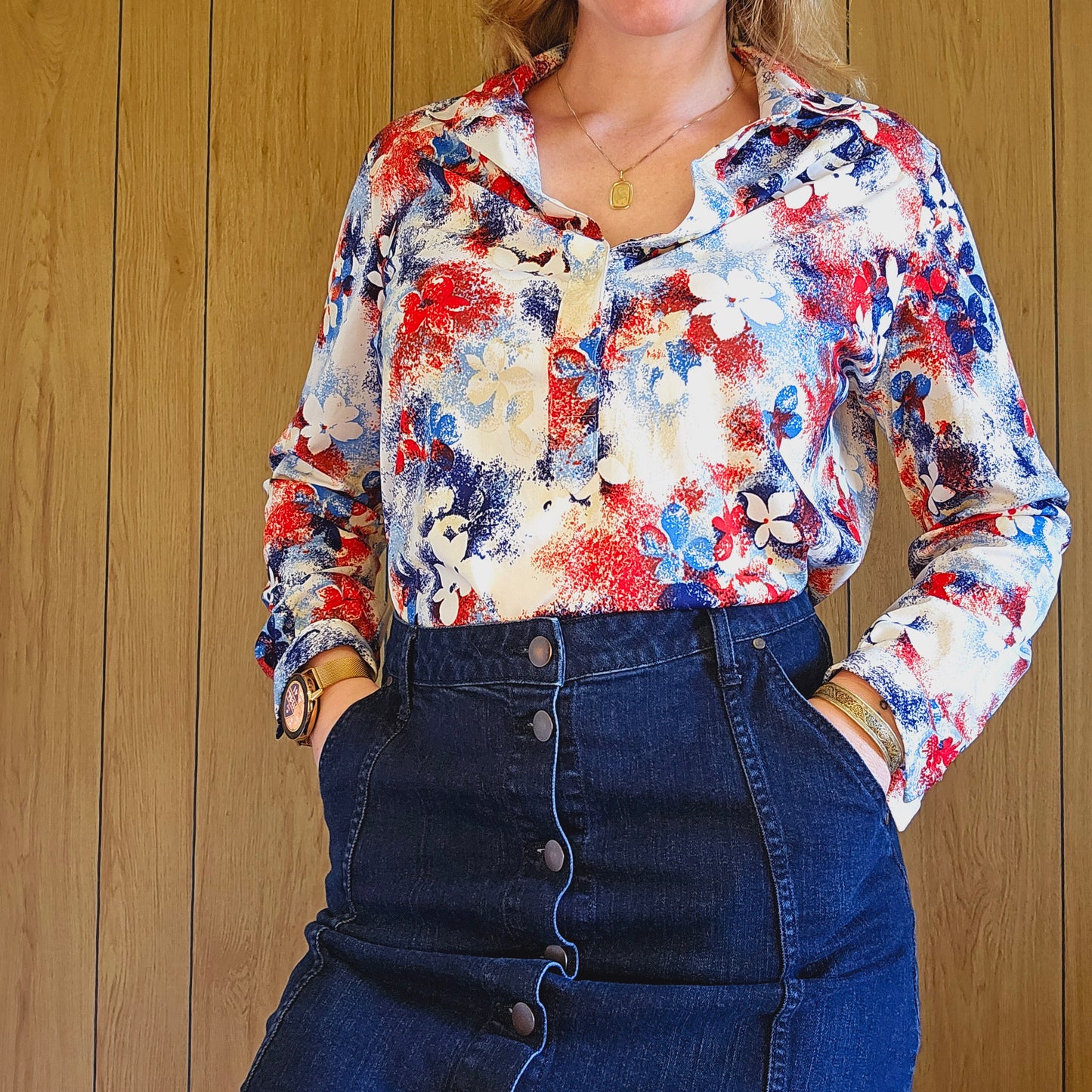 70s/80s Red White Blue Floral Button Down (L)