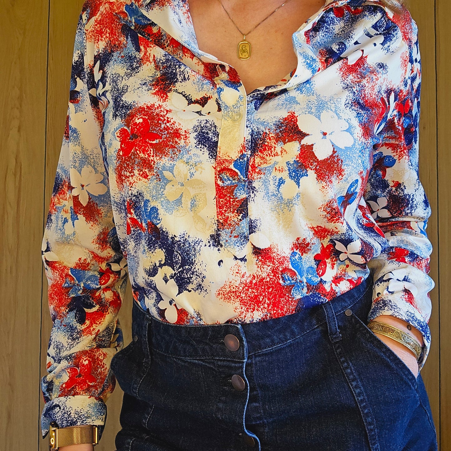 70s/80s Red White Blue Floral Button Down (L)