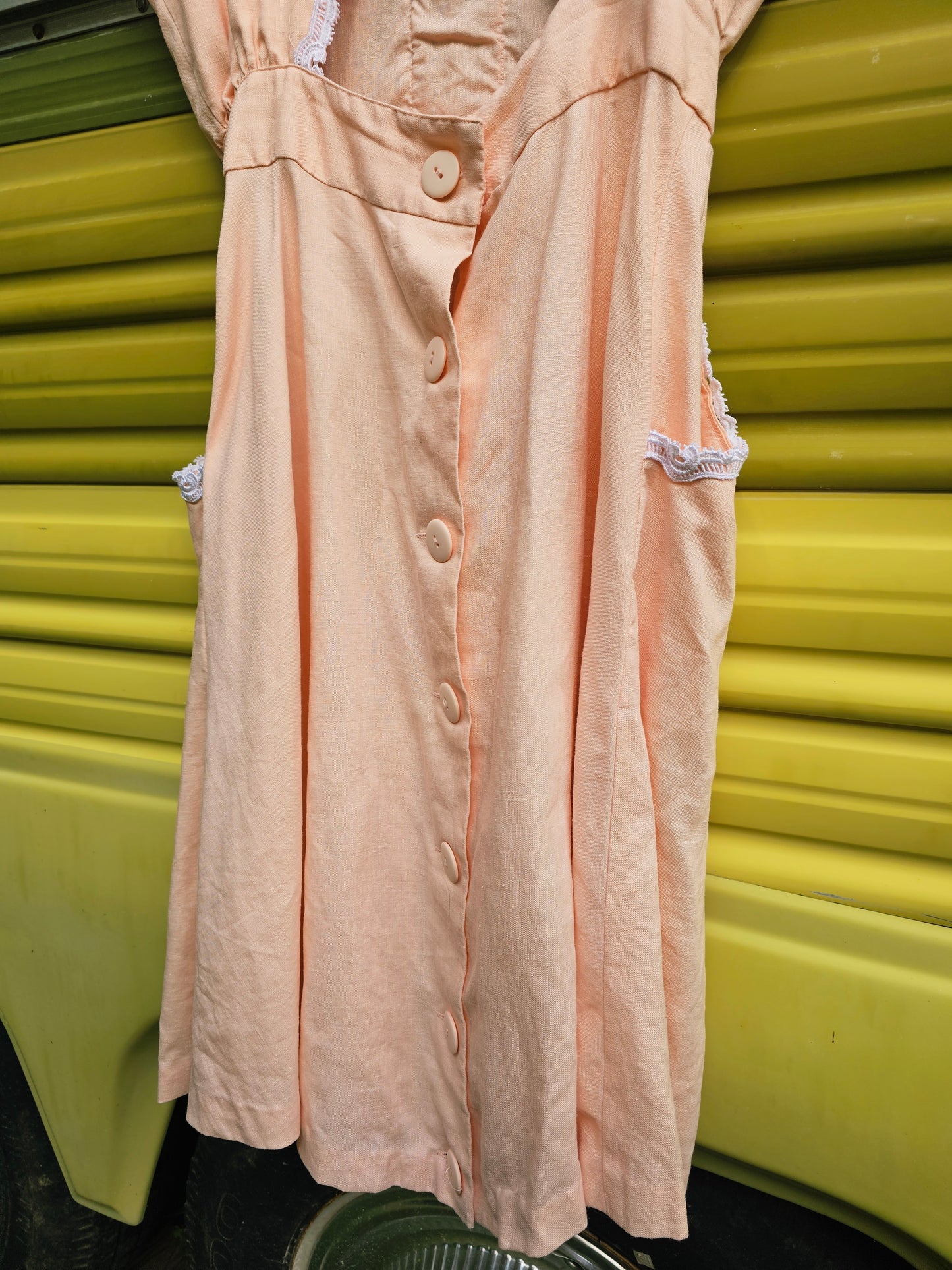 60s Lace Accented Open Back Dress w/ Pockets (S)