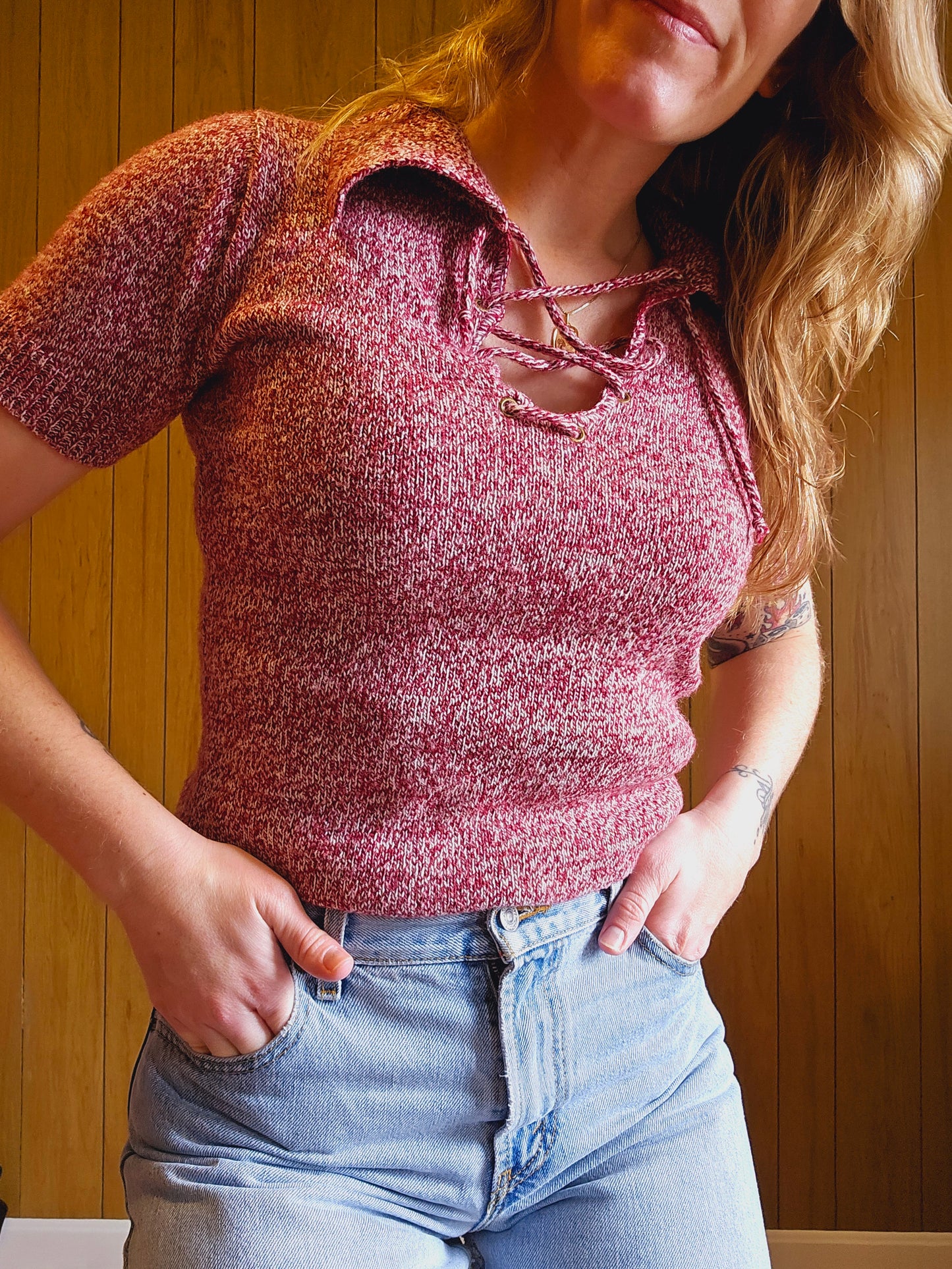 60s/70s Burgundy Lace Up Front Sweater Tee
