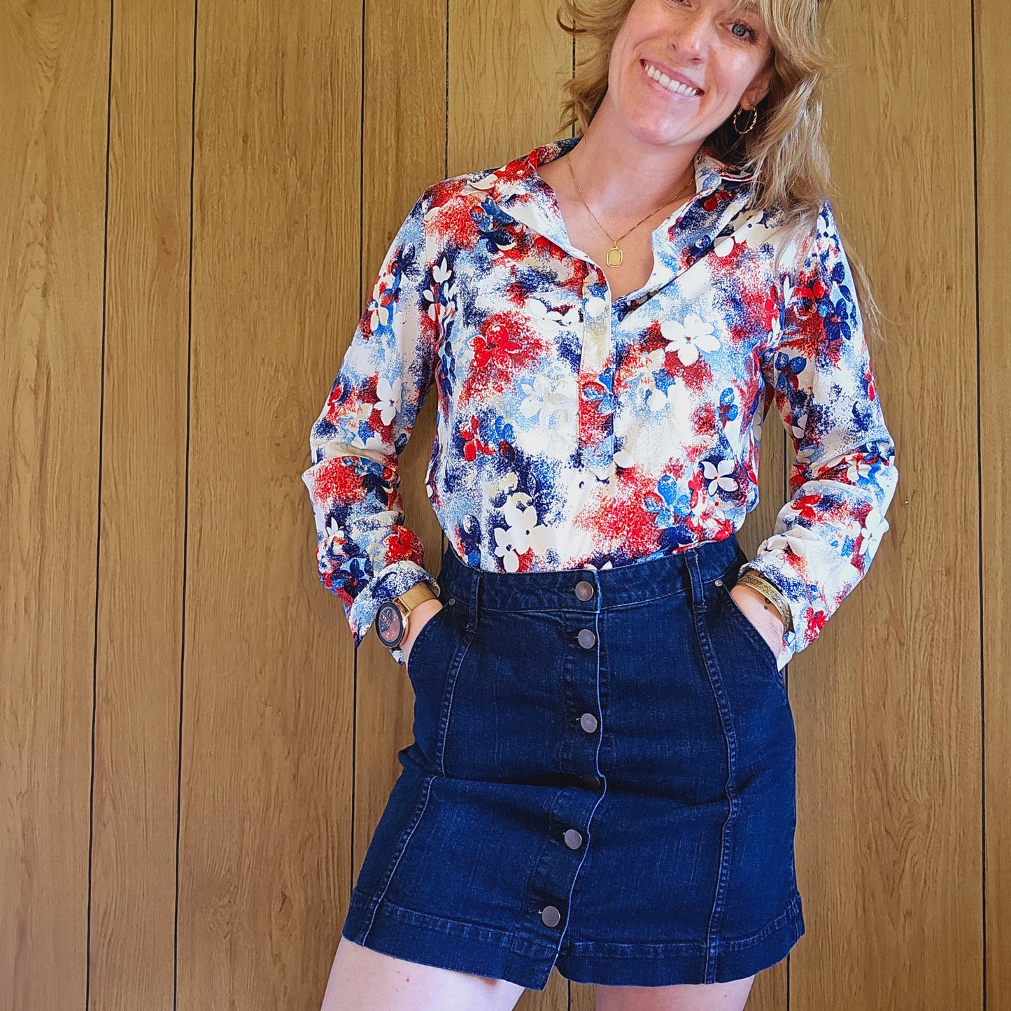 70s/80s Red White Blue Floral Button Down (L)