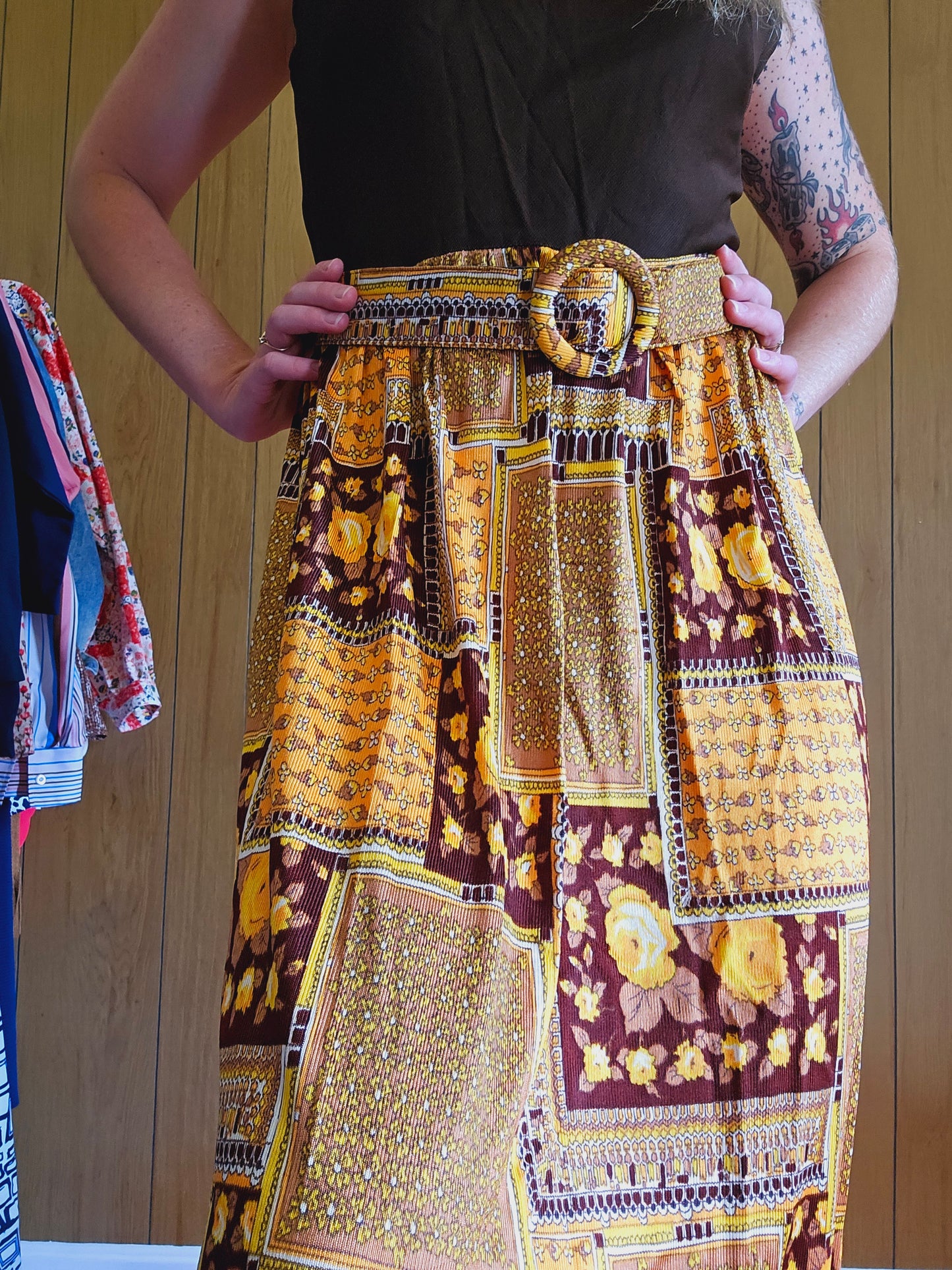60s/70s Harvest Colorway Belted Dress (M)