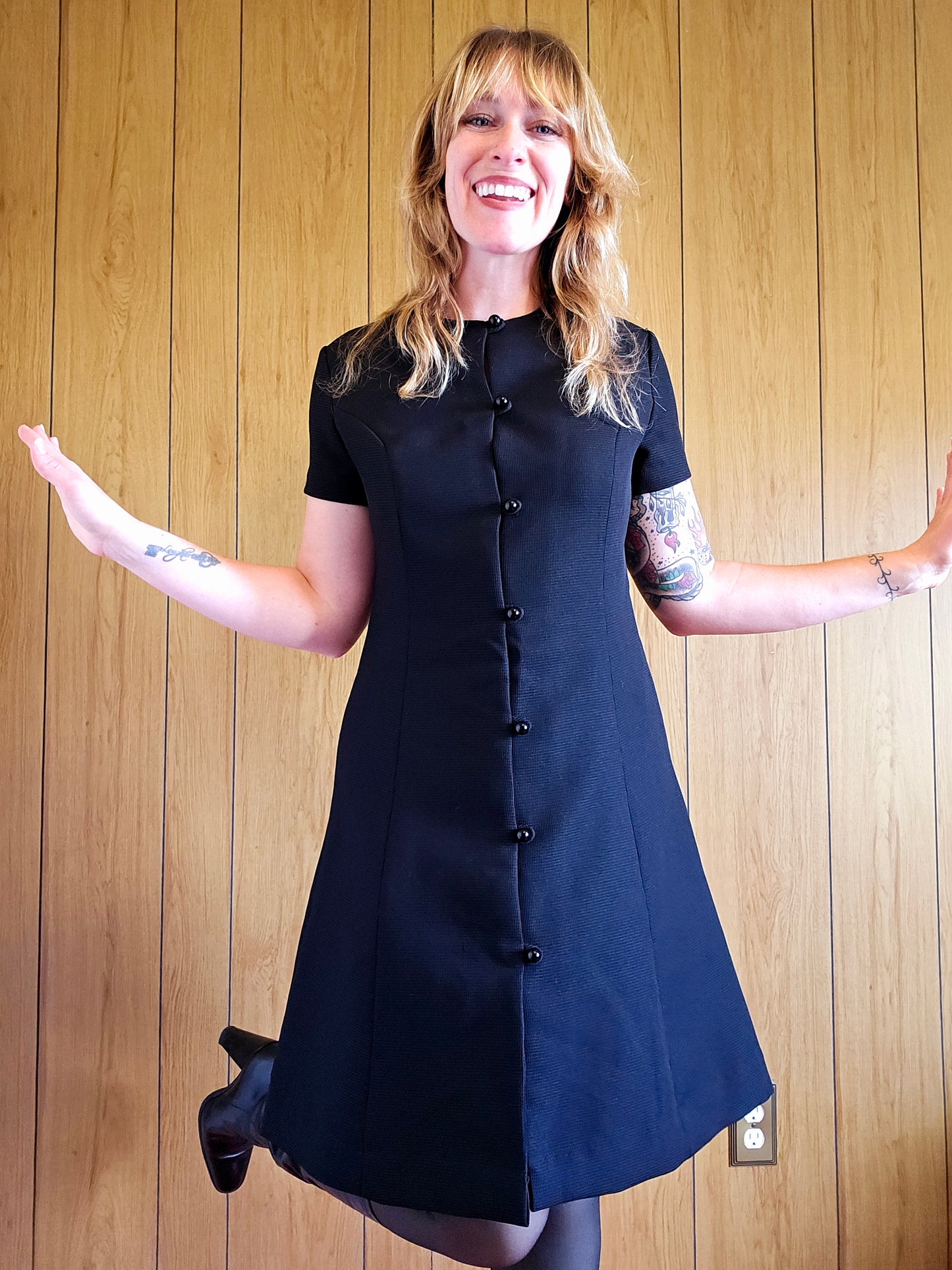 60s Black Full Button Dress (L)