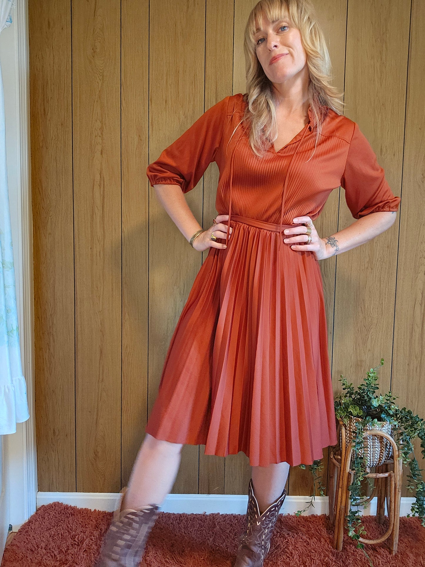 60s/70s Accordian Pleated Rust Colored Dress (S-L)