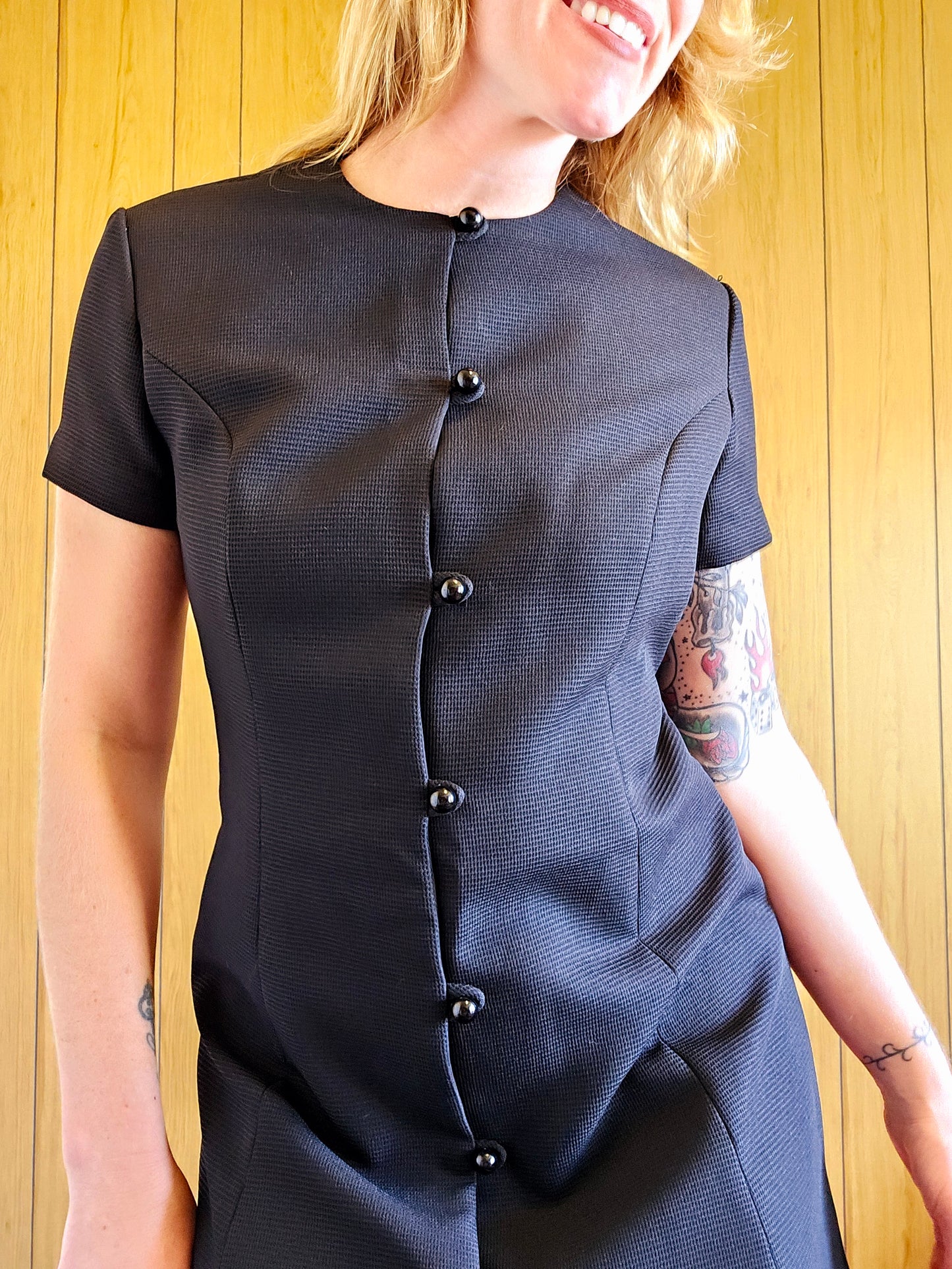 60s Black Full Button Dress (L)