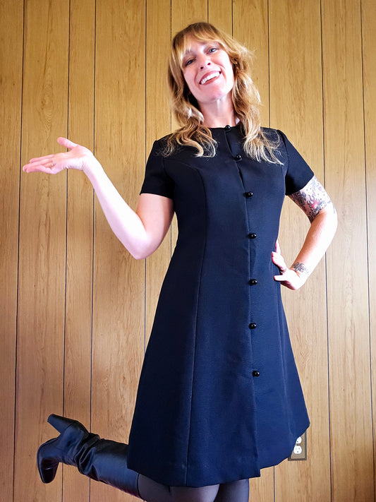 60s Black Full Button Dress (L)