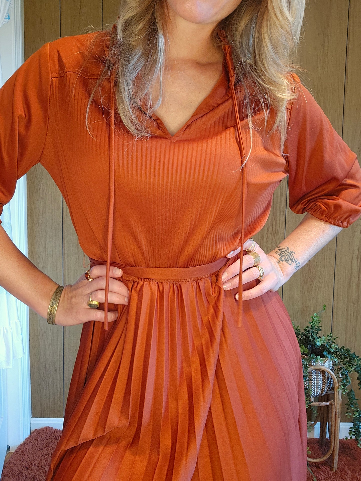 60s/70s Accordian Pleated Rust Colored Dress (S-L)