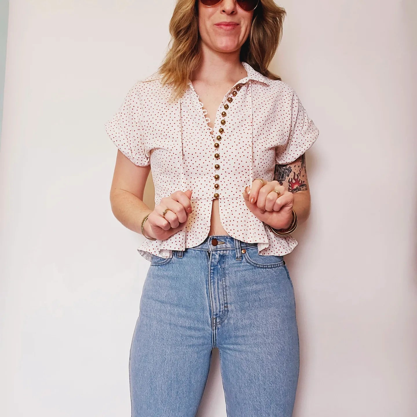60s Polka Dot Brass Button Top