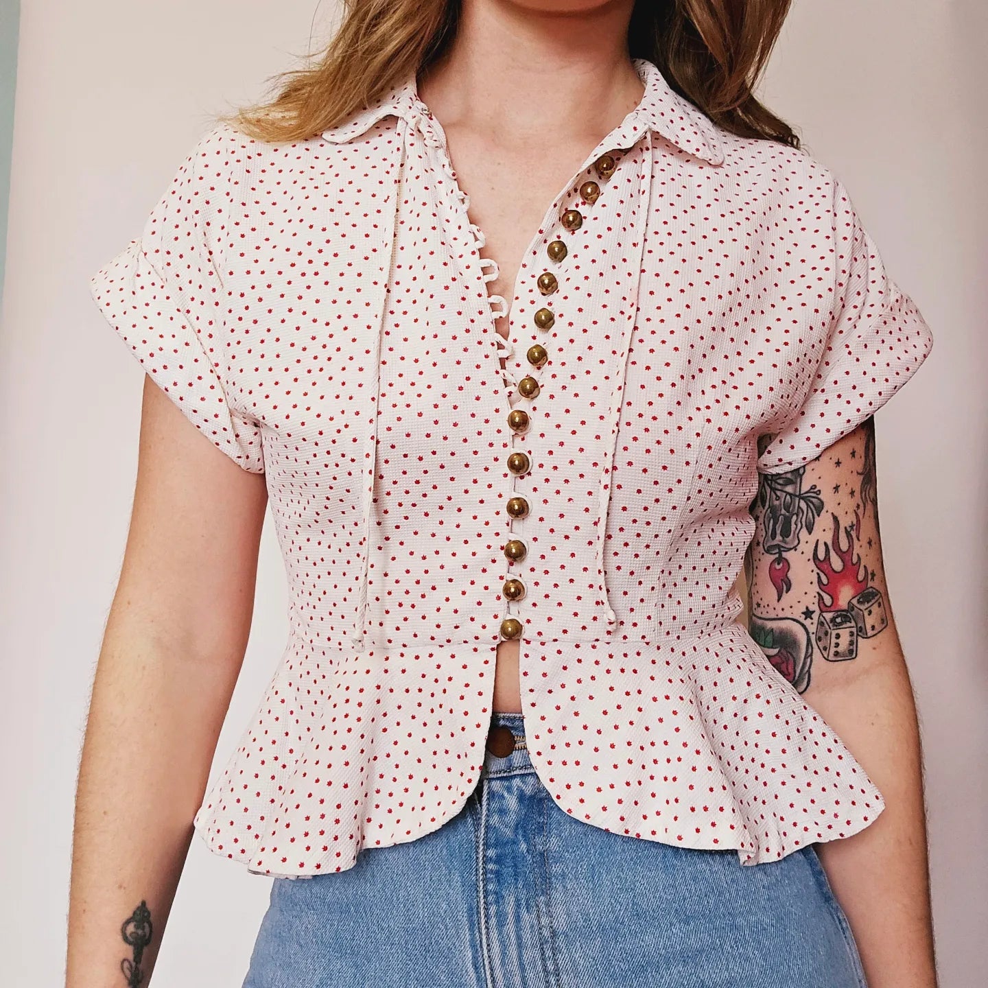 60s Polka Dot Brass Button Top