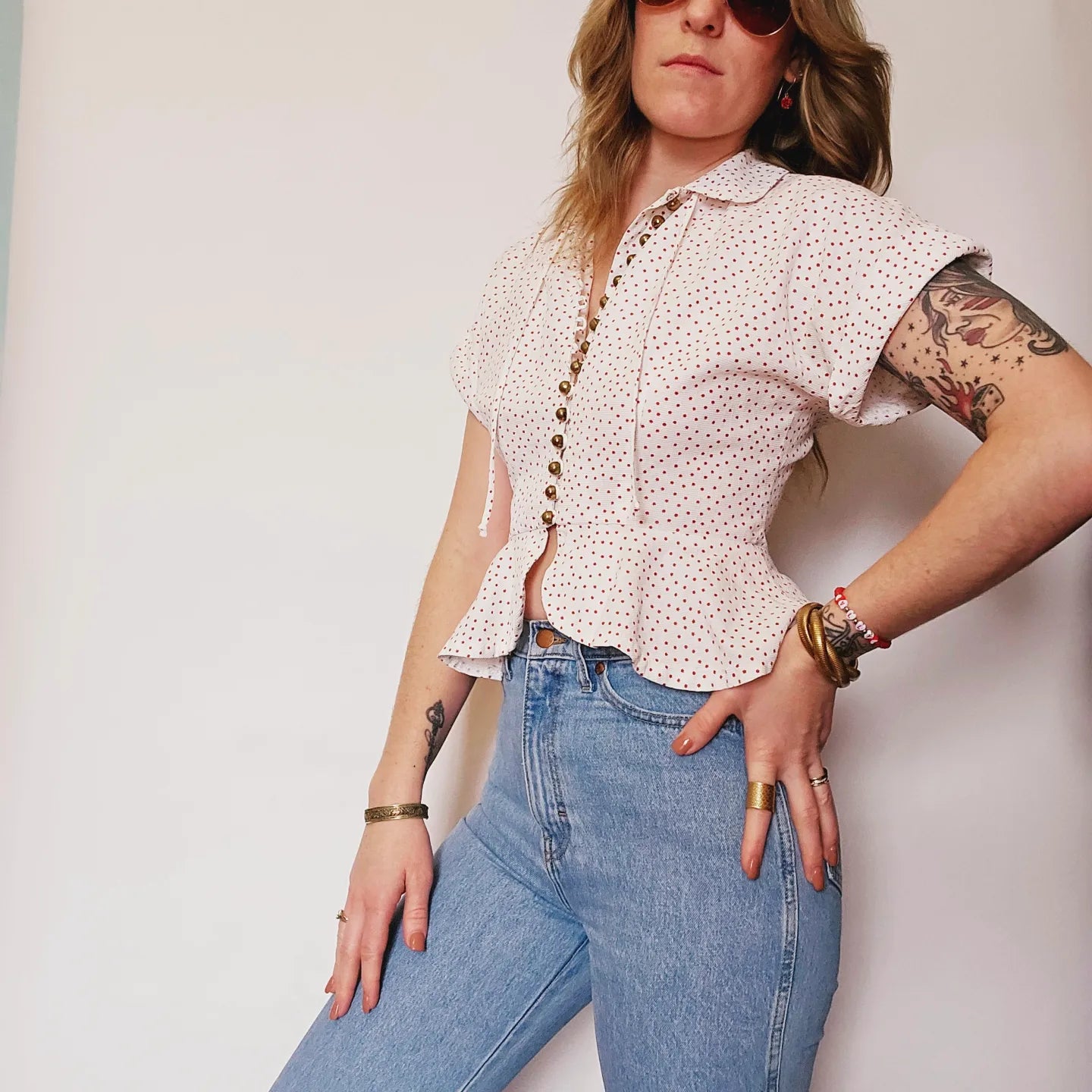 60s Polka Dot Brass Button Top