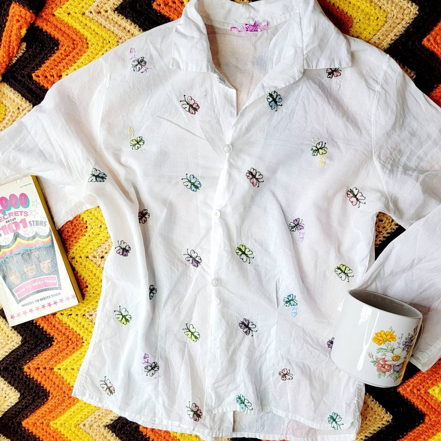 60s Rojay Butterfly Stitched 3/4 Sleeve Button Down Top