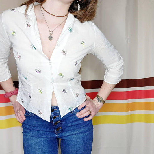60s Rojay Butterfly Stitched 3/4 Sleeve Button Down Top