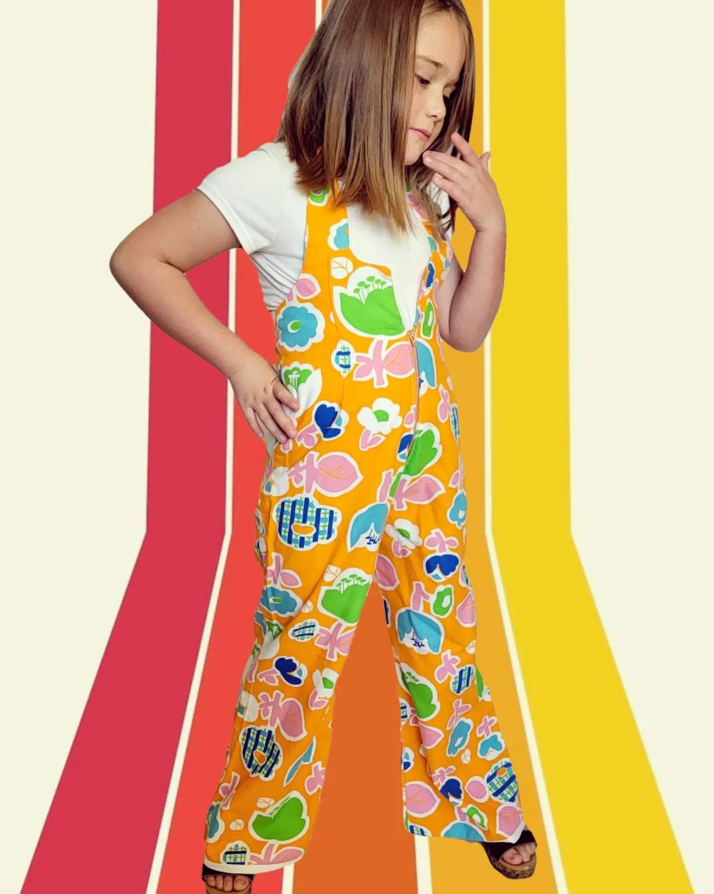Girls 60s Vintage Flower Power Jumpsuit Bell Bottoms