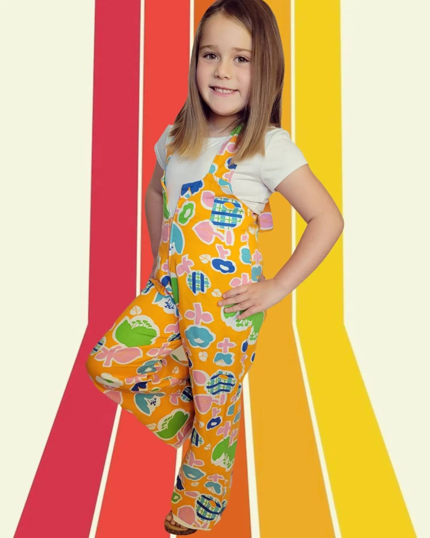 Girls 60s Vintage Flower Power Jumpsuit Bell Bottoms