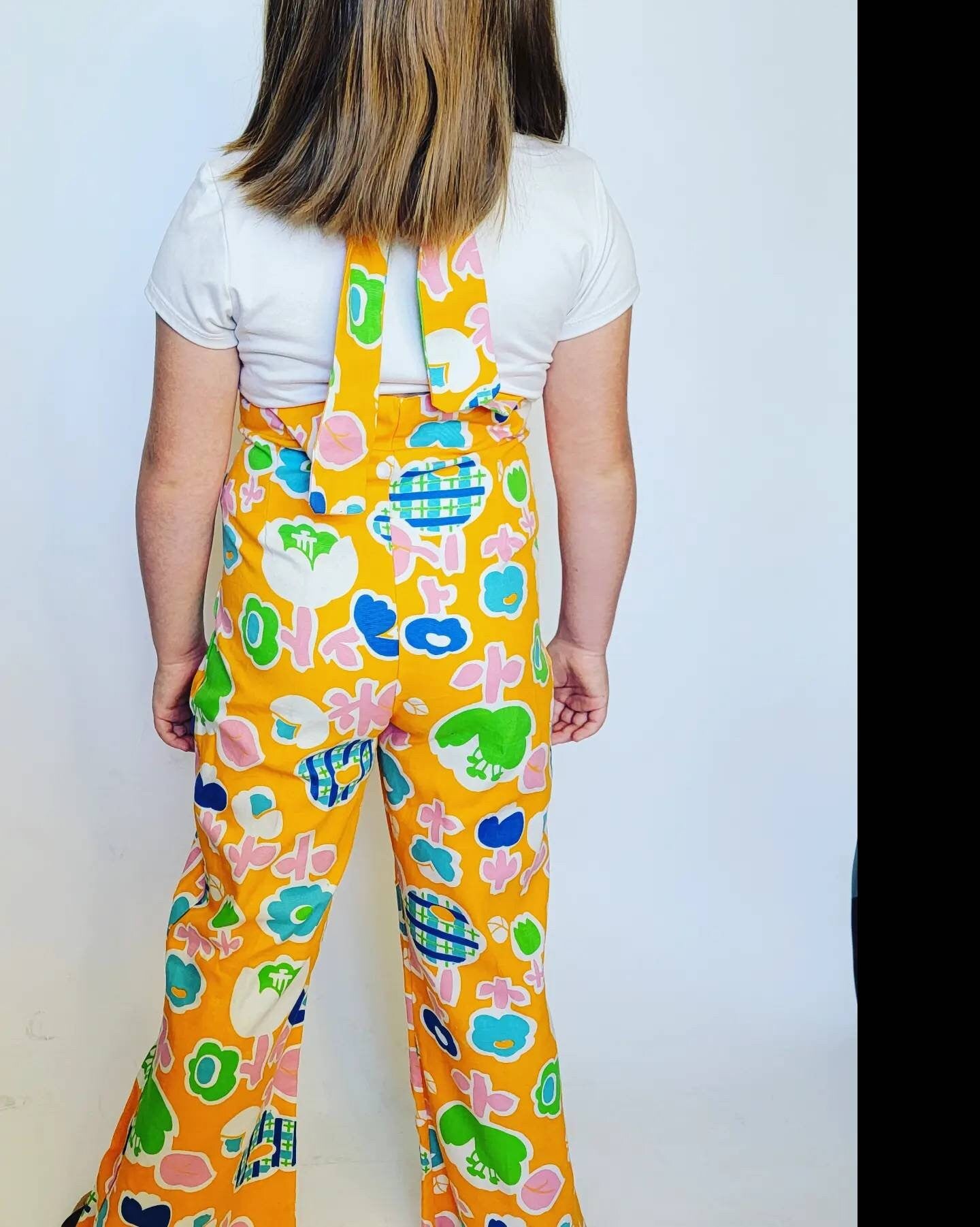 Girls 60s Vintage Flower Power Jumpsuit Bell Bottoms