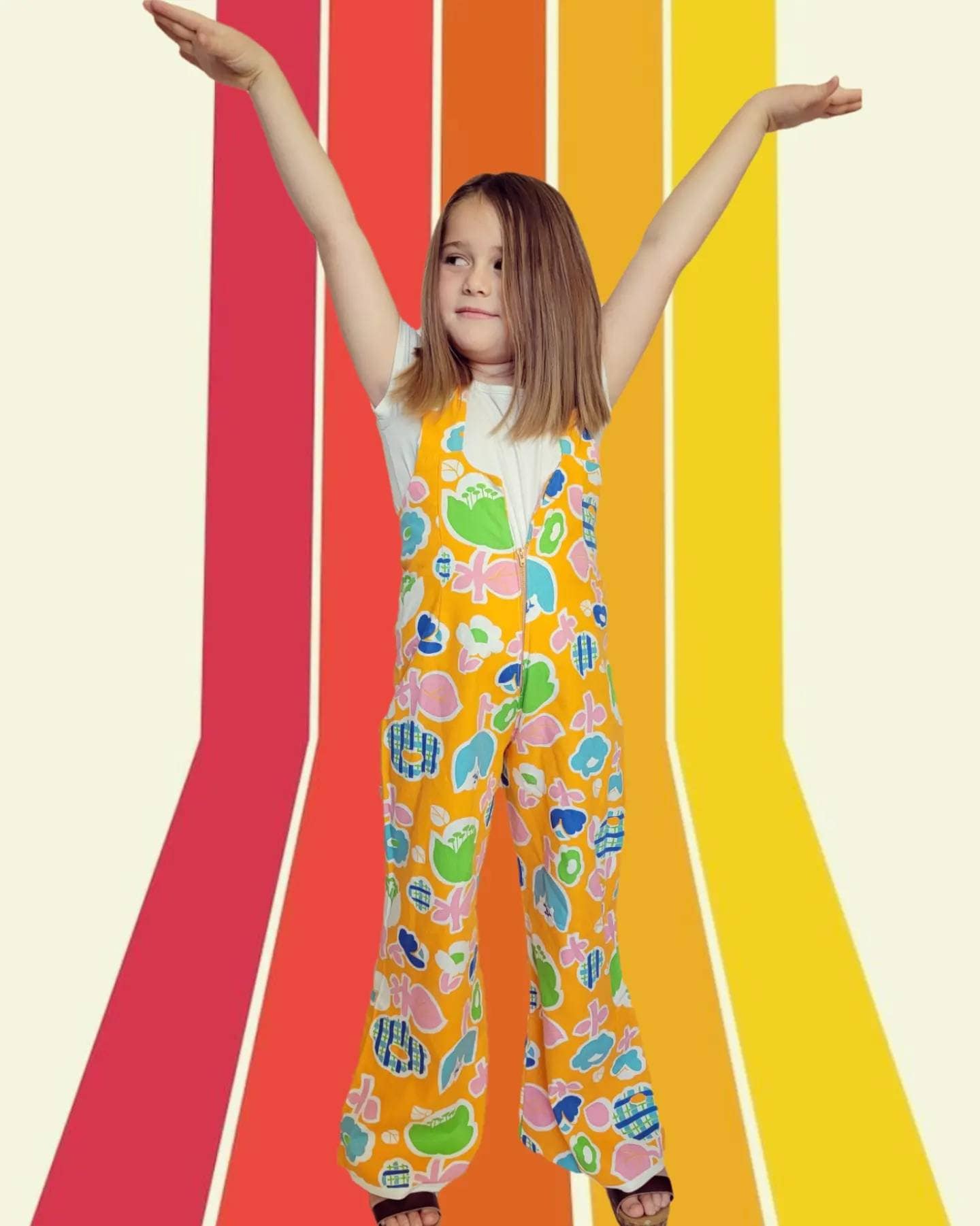 Girls 60s Vintage Flower Power Jumpsuit Bell Bottoms