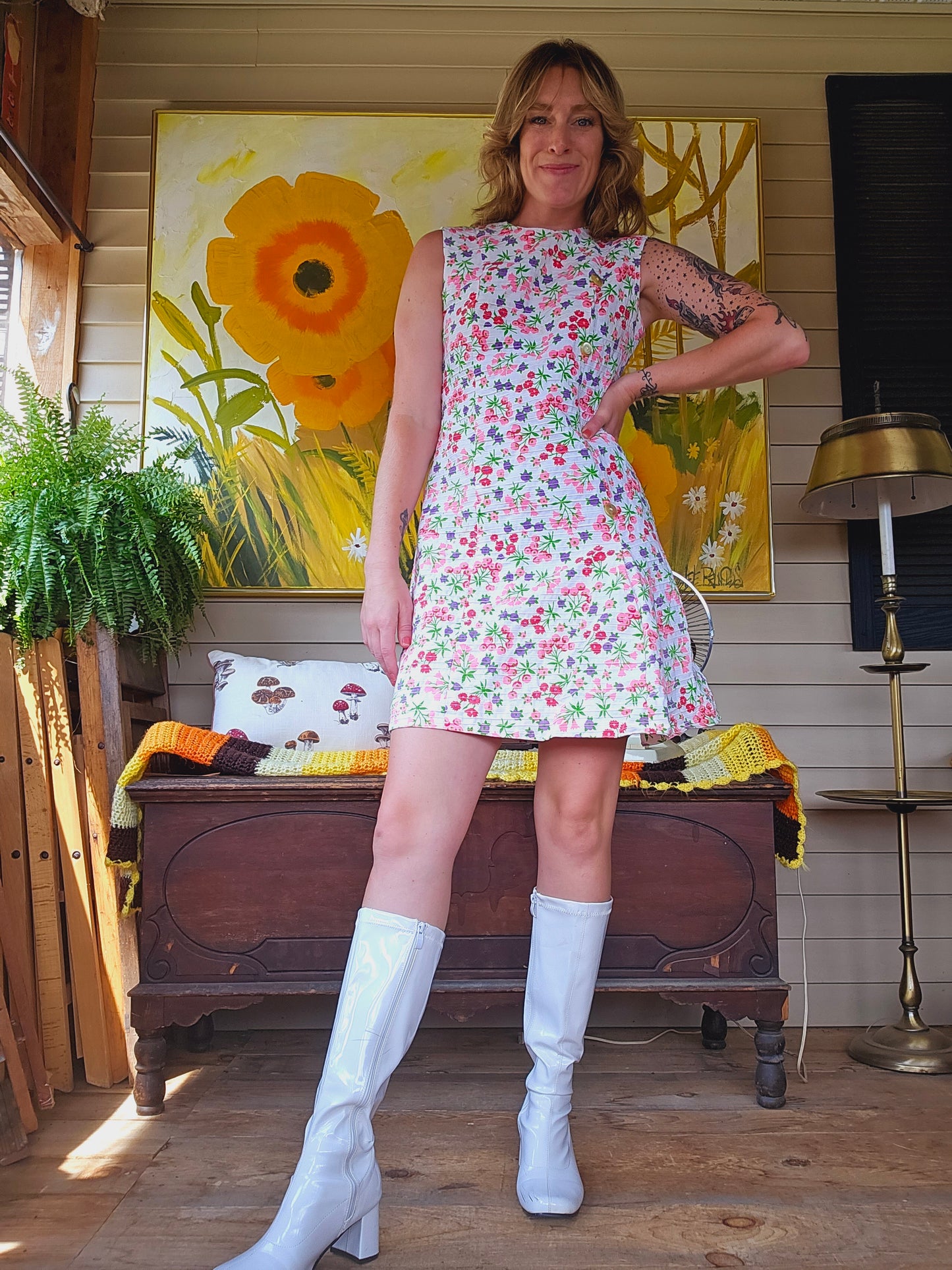 60s White & Floral Dress