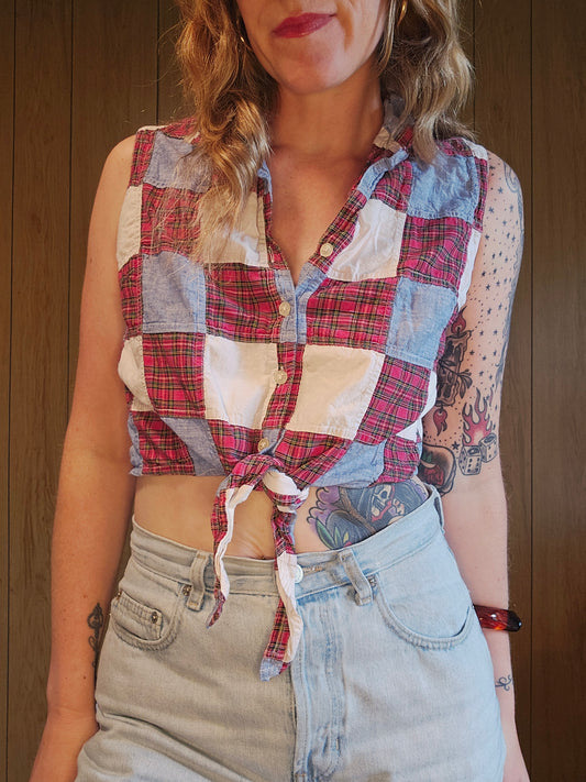 Y2K Red White Blue Tie Front Crop