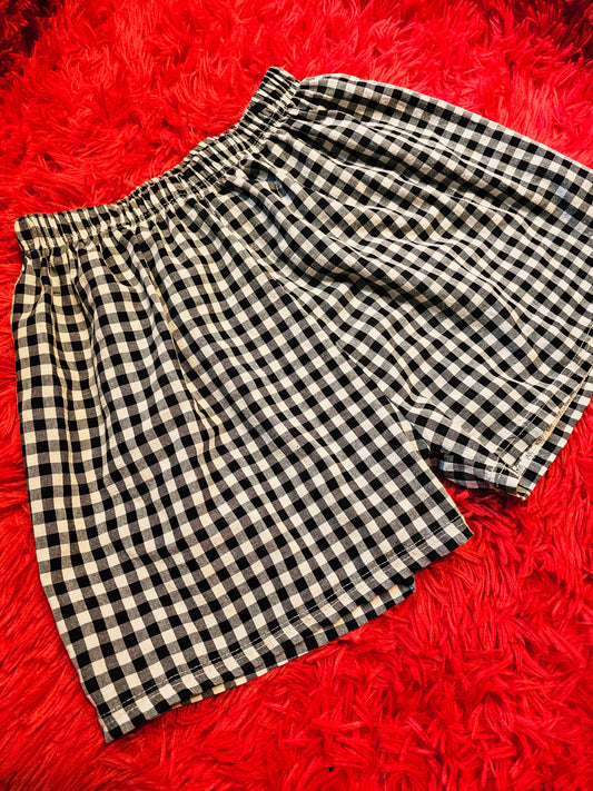 Vintage Black & White Checkered Shorts with Elastic Waistband
