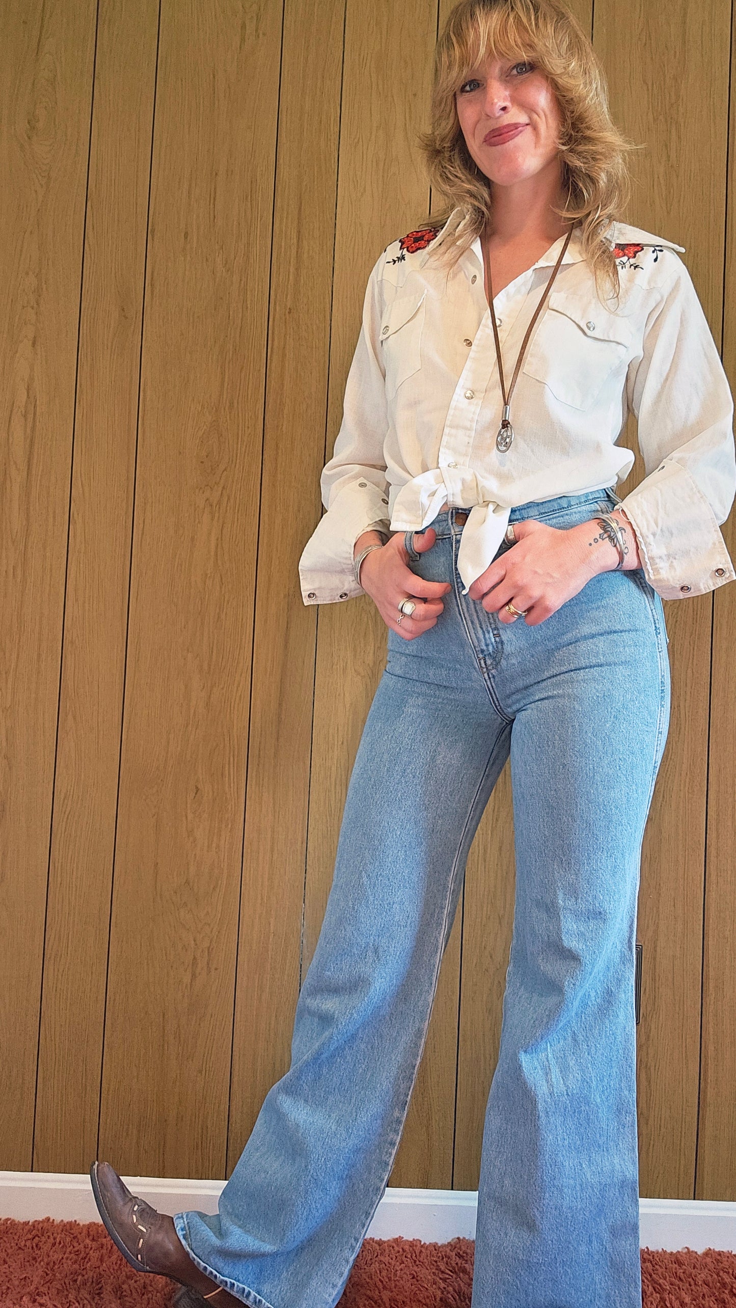 60s Floral Embroidered Snap Top (Femme L/Masc M)