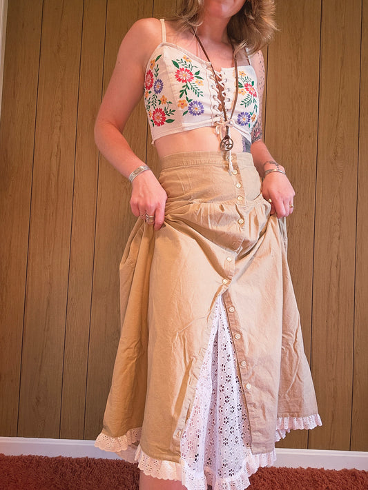 70s "Catch Me" Tan & Lace SKirt (S/M)