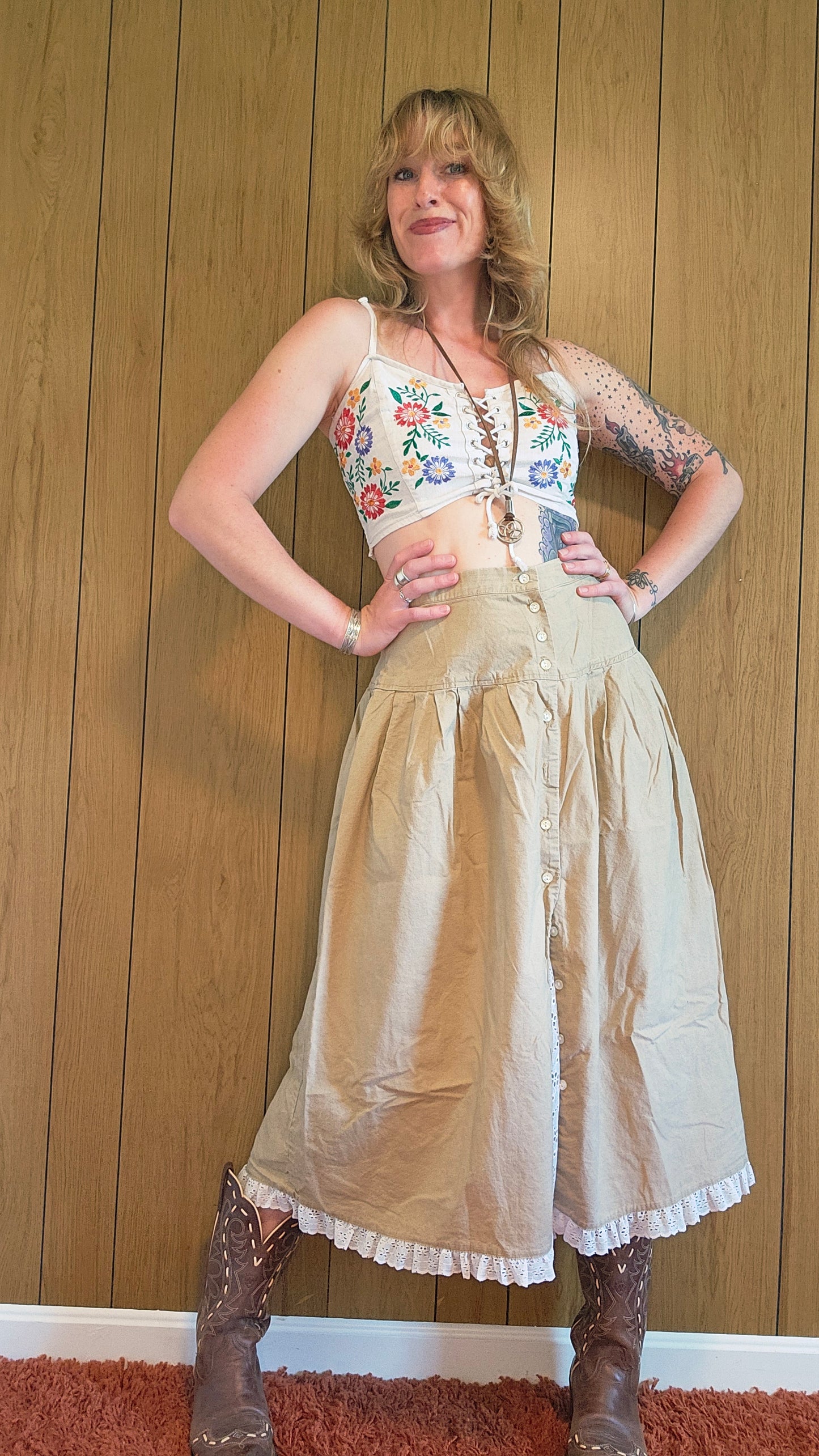70s "Catch Me" Tan & Lace SKirt (S/M)