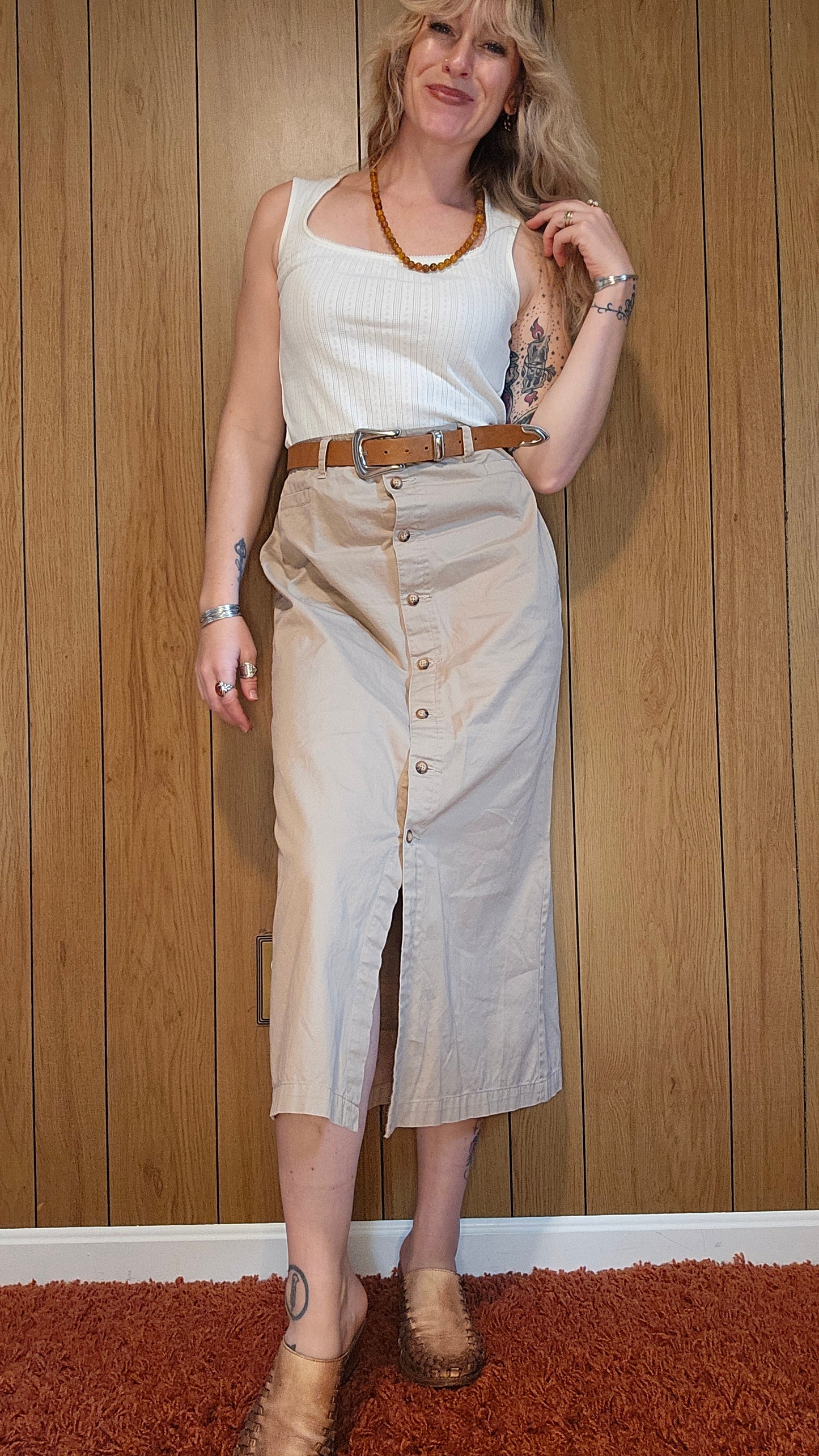 Y2K Khaki Full Button Down Skirt (L)