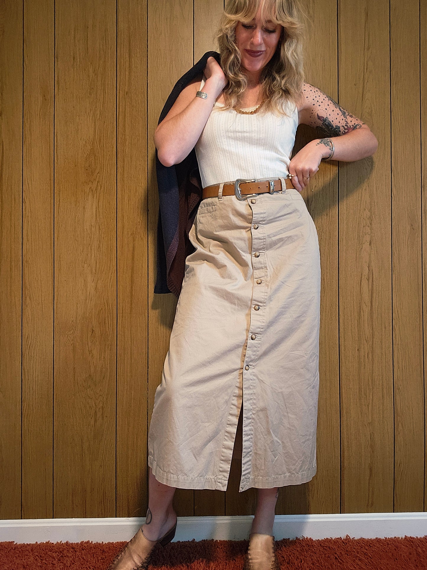 Y2K Khaki Full Button Down Skirt (L)