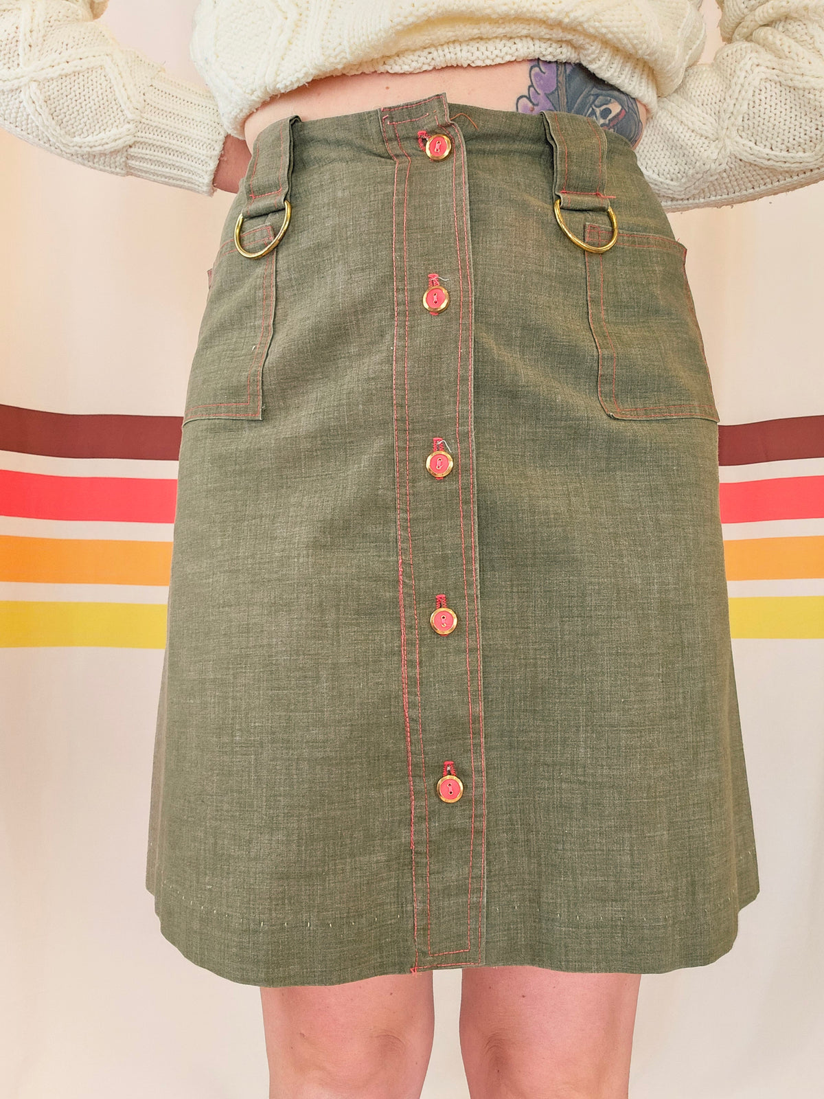 60s Green Skirt with Brassy Accents (S)