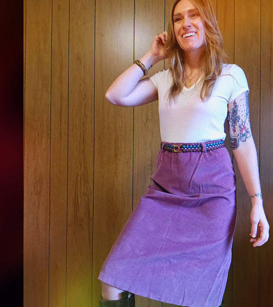 70s/80s Purple Cordoroy Skirt & Belt (L)