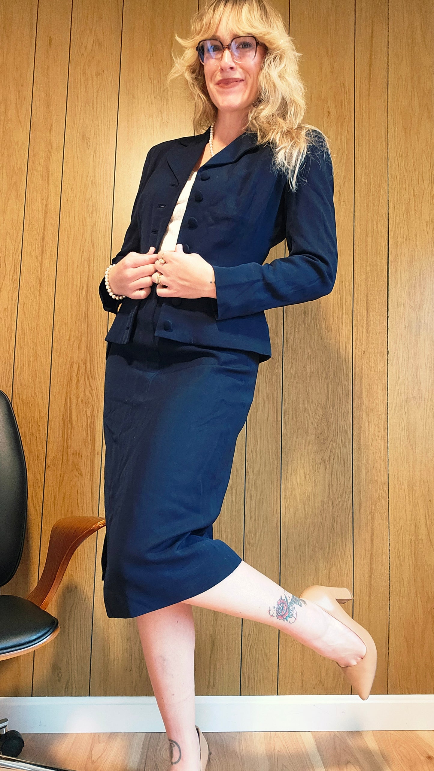 1950s Navy Blue Skirt Suit (XS/S)