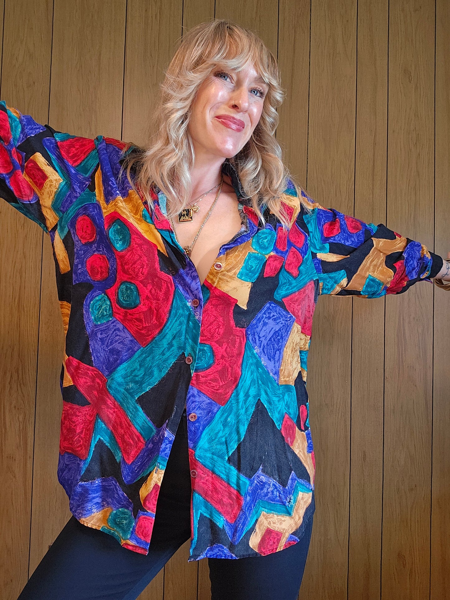 80s Abstract Vibrant Blouse (S-1X)