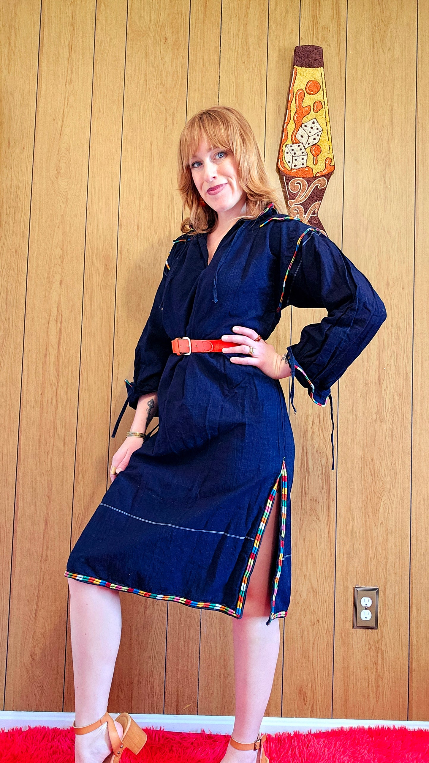 60s Navy Blue Dress with Rainbow Embroidery (M/L)